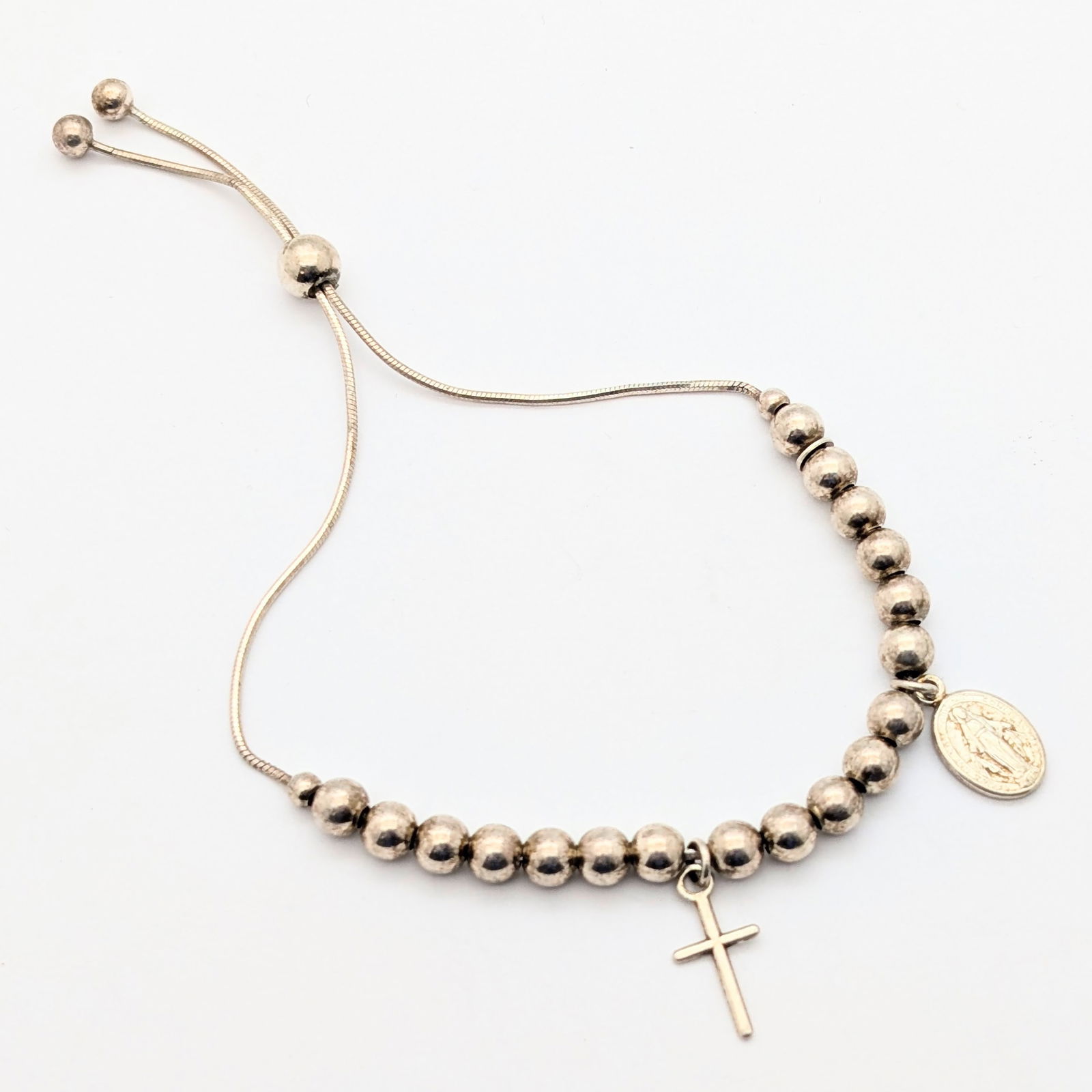 Sterling Silver Cross & Virgin Mary Beaded Bolo Ladies Bracelet - 2