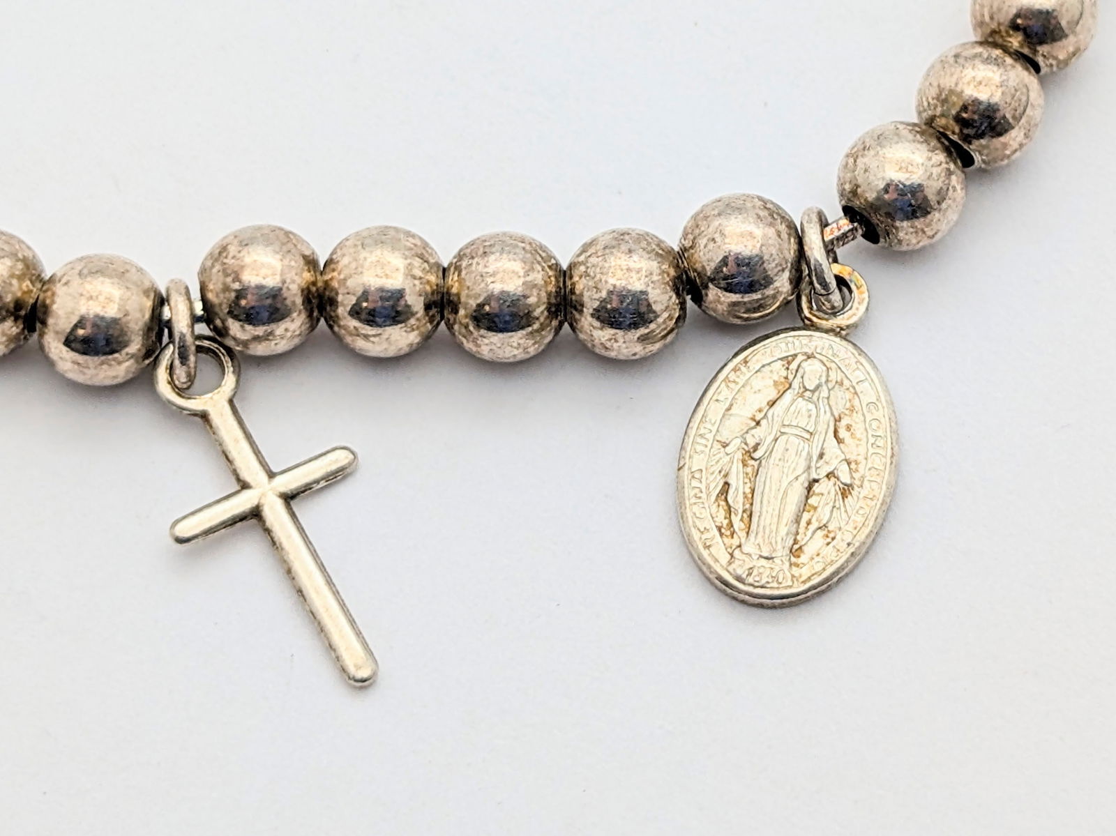 Sterling Silver Cross & Virgin Mary Beaded Bolo Ladies Bracelet - 3