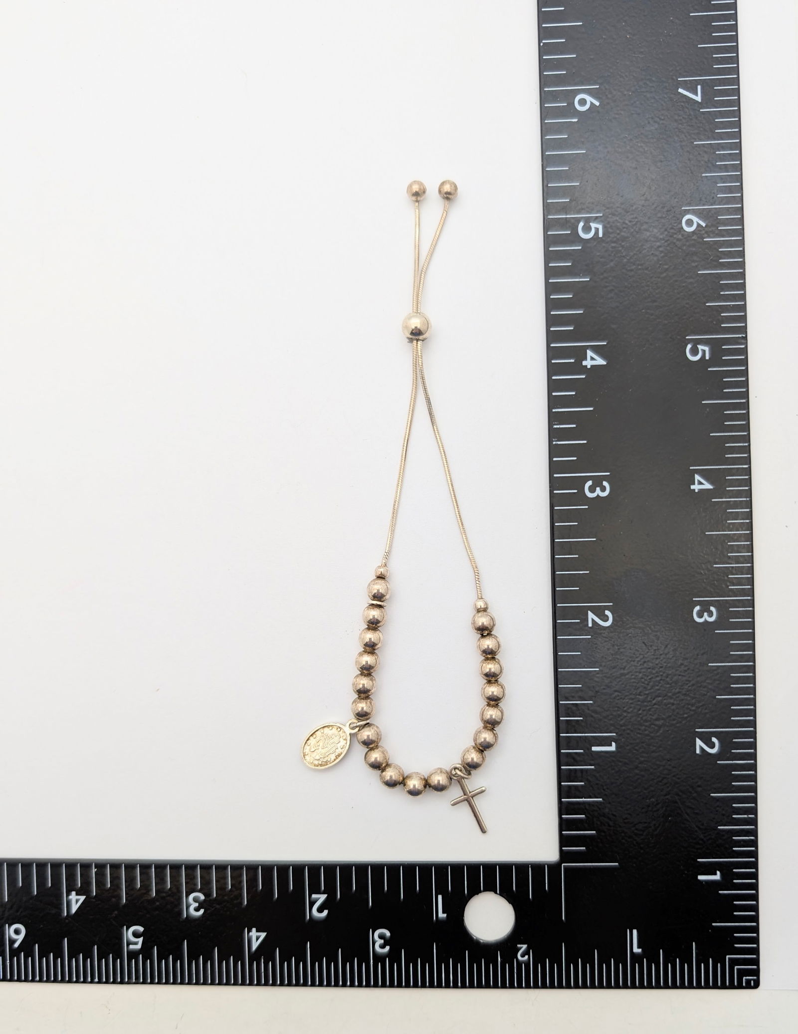 Sterling Silver Cross & Virgin Mary Beaded Bolo Ladies Bracelet - 5