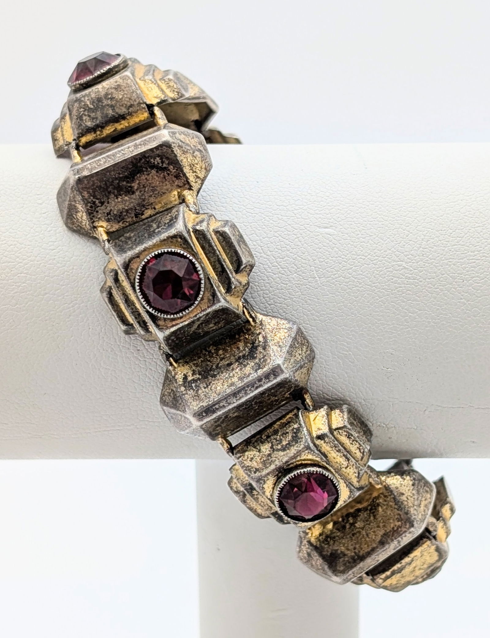 Vintage Gold plated Sterling Silver Red Gem Ladies Bracelet - 2