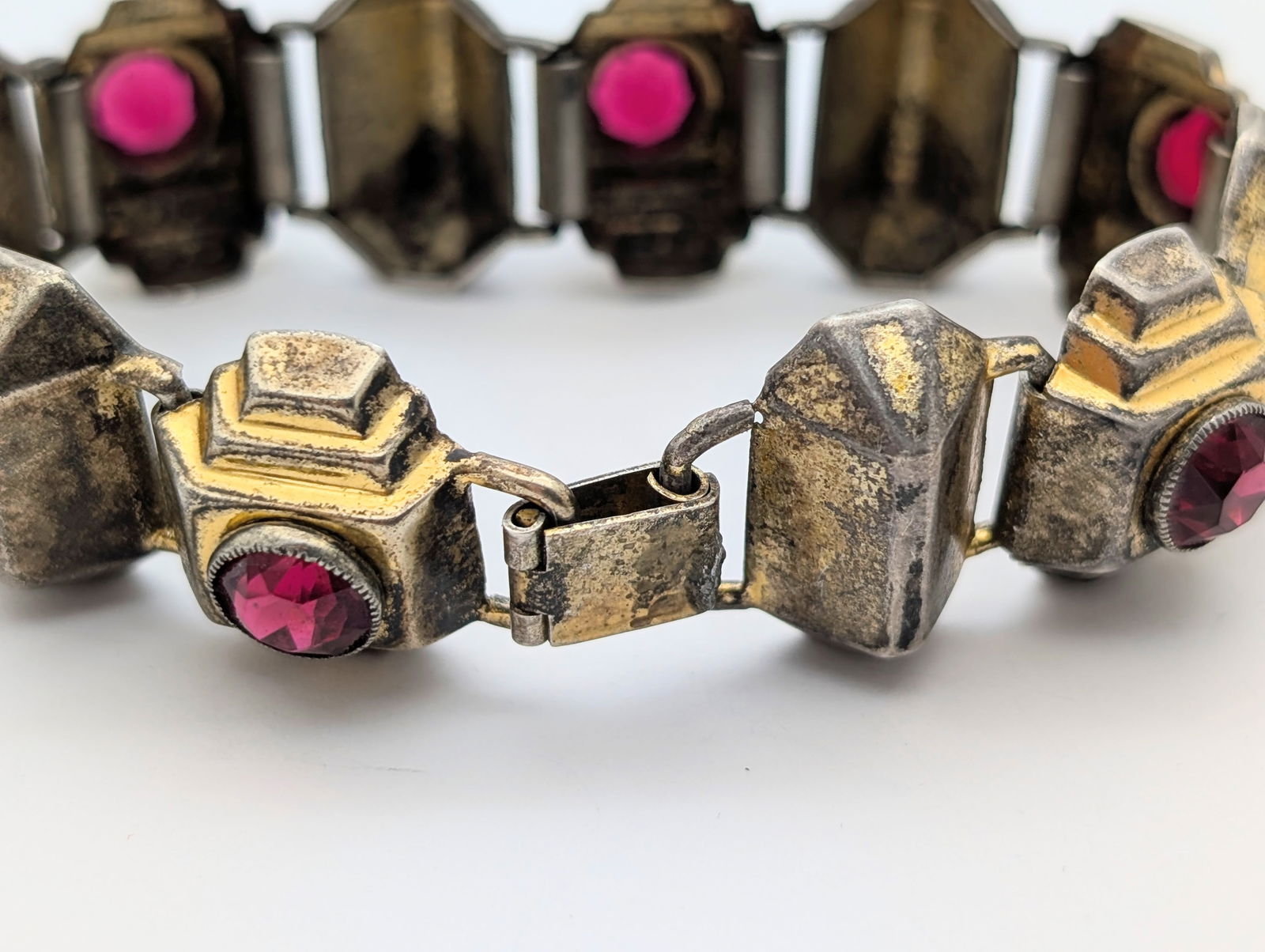 Vintage Gold plated Sterling Silver Red Gem Ladies Bracelet - 3