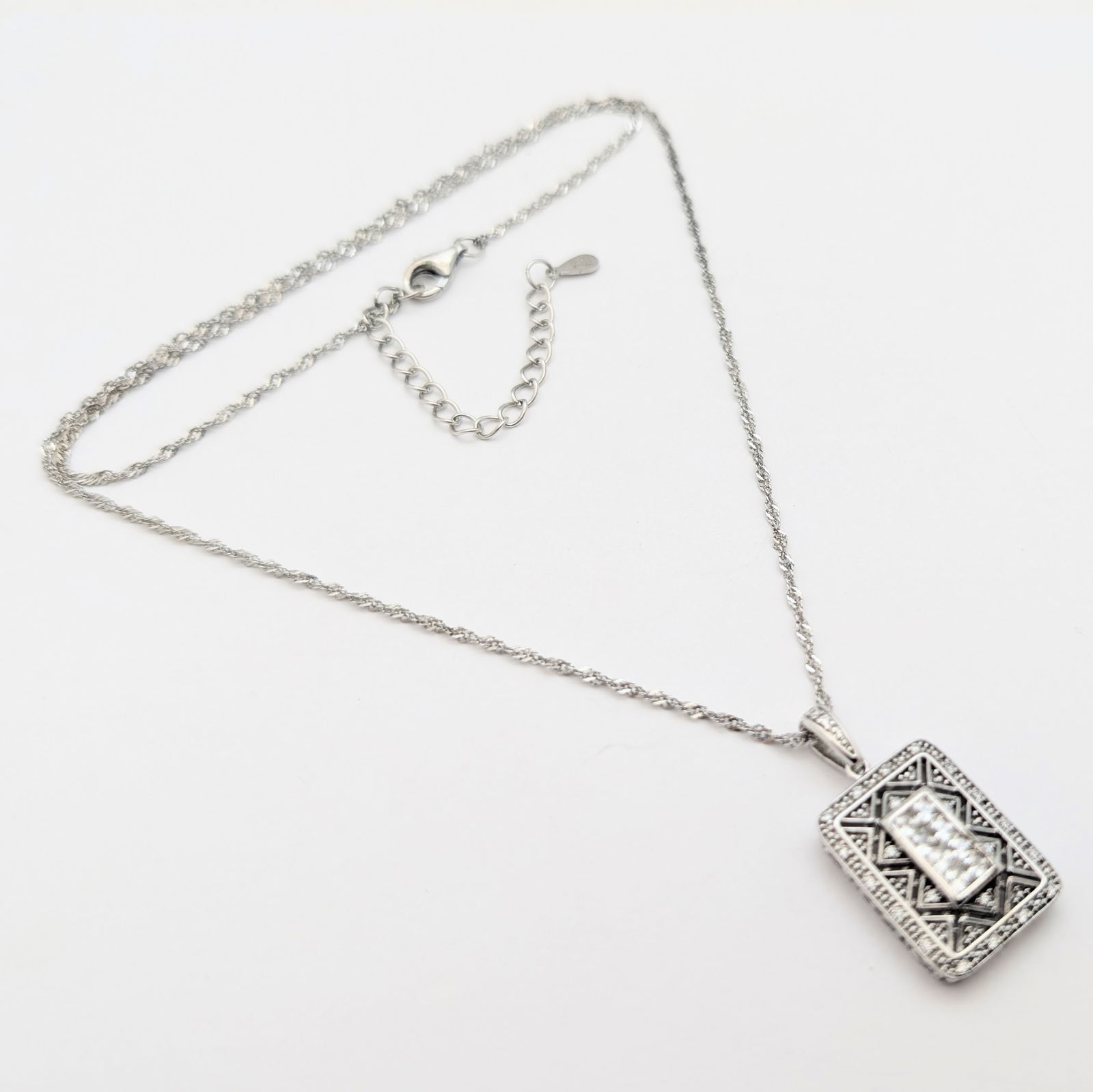 Sterling Silver Decorative Rectangle Ladies Necklace Stamped DK: Adjustable Length 