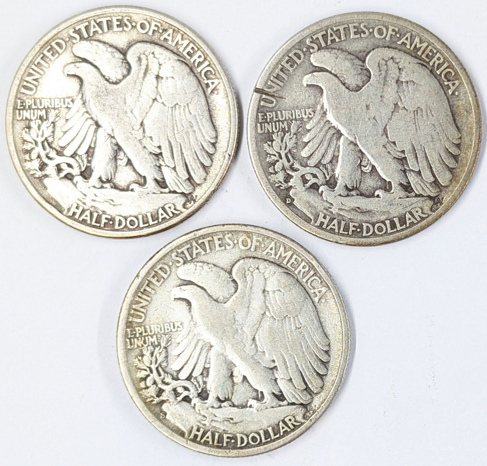 Lot of 3 Silver Walking Liberty Half Dollars - 1944 P/D/S - 2