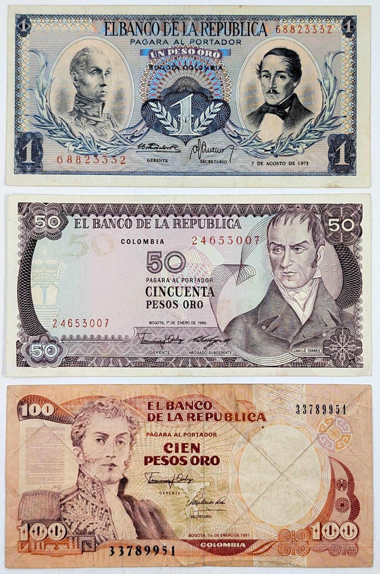 Lot of 3 Colombia Banknotes - 1973 $1, 1986 $50, 1991 $100: Currency