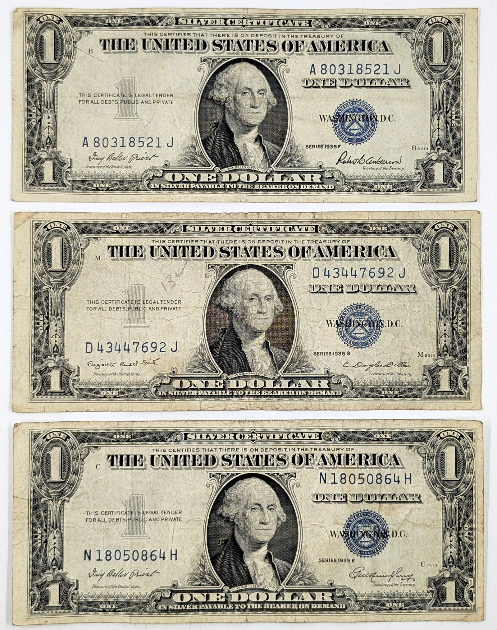 Lot of 3 - 1935 E/F/G $1 Notes - Silver Certificates (1 of 2)