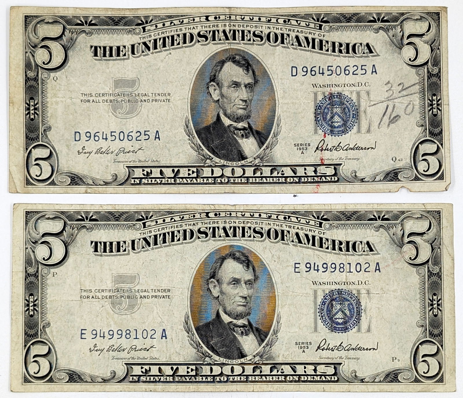 Lot of 2 - 1953-A $5 Notes - Silver Certificates (1 of 2)