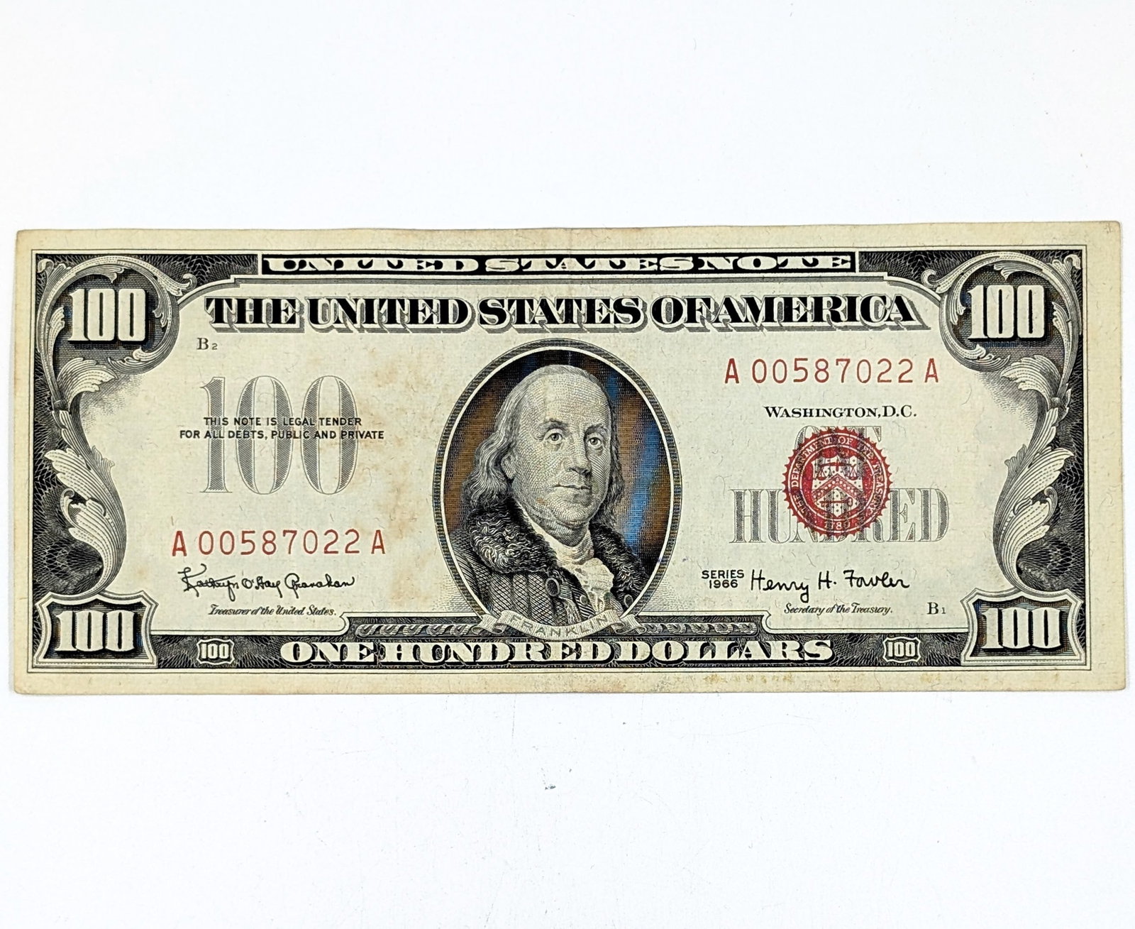 1966 $100 Note - Green Seal - Early Serial "00587022" (1 of 2)