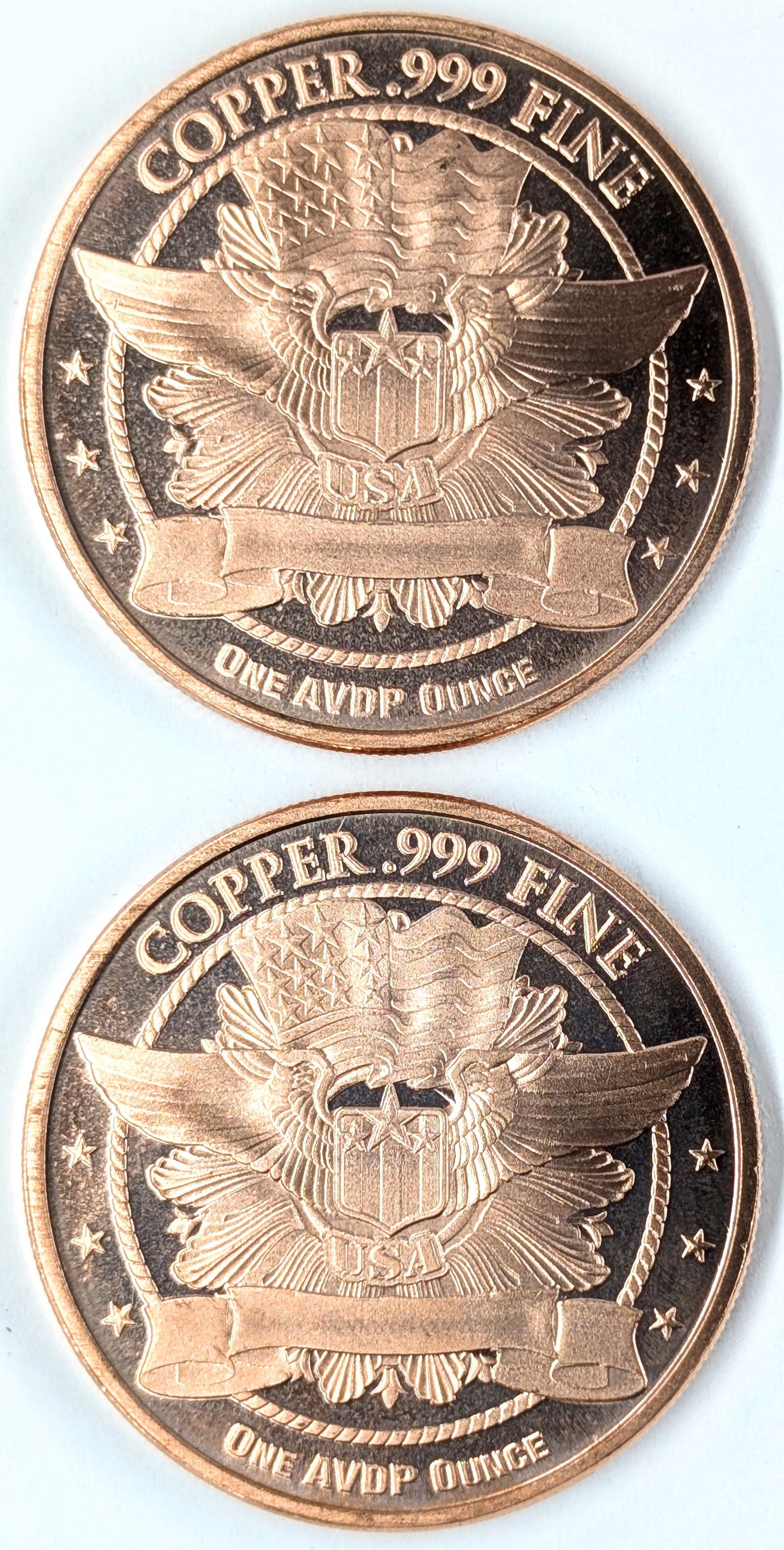 Lot of 2 - 1 Ounce (each) Fine .999 Copper Rounds - Liberty - 2