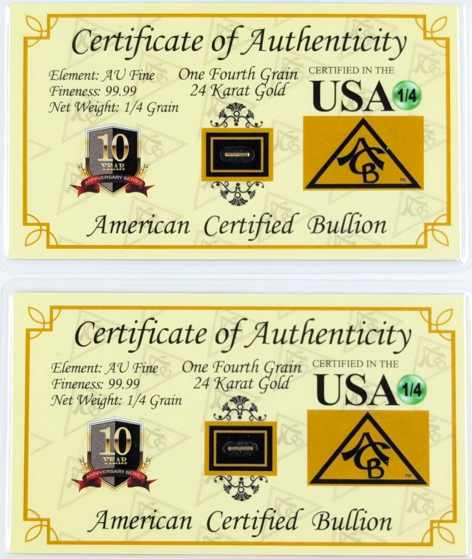 Lot of 2 - 1/4 grain (each) .999 Fine Gold - American Certified Bullion: Grain 
