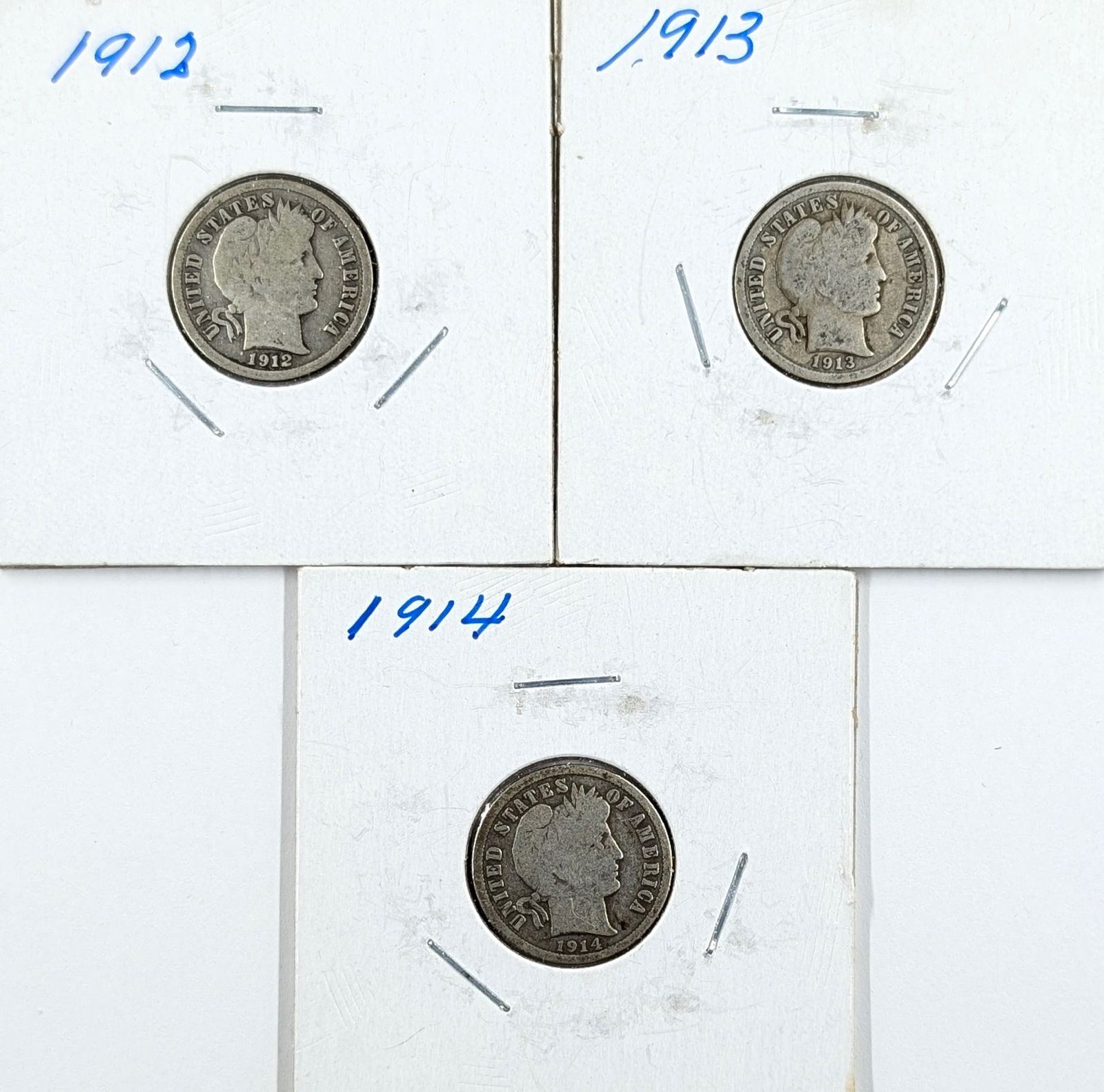 Lot of 3 Silver Mercury Dimes - 1912, 1913, 1914: Silver