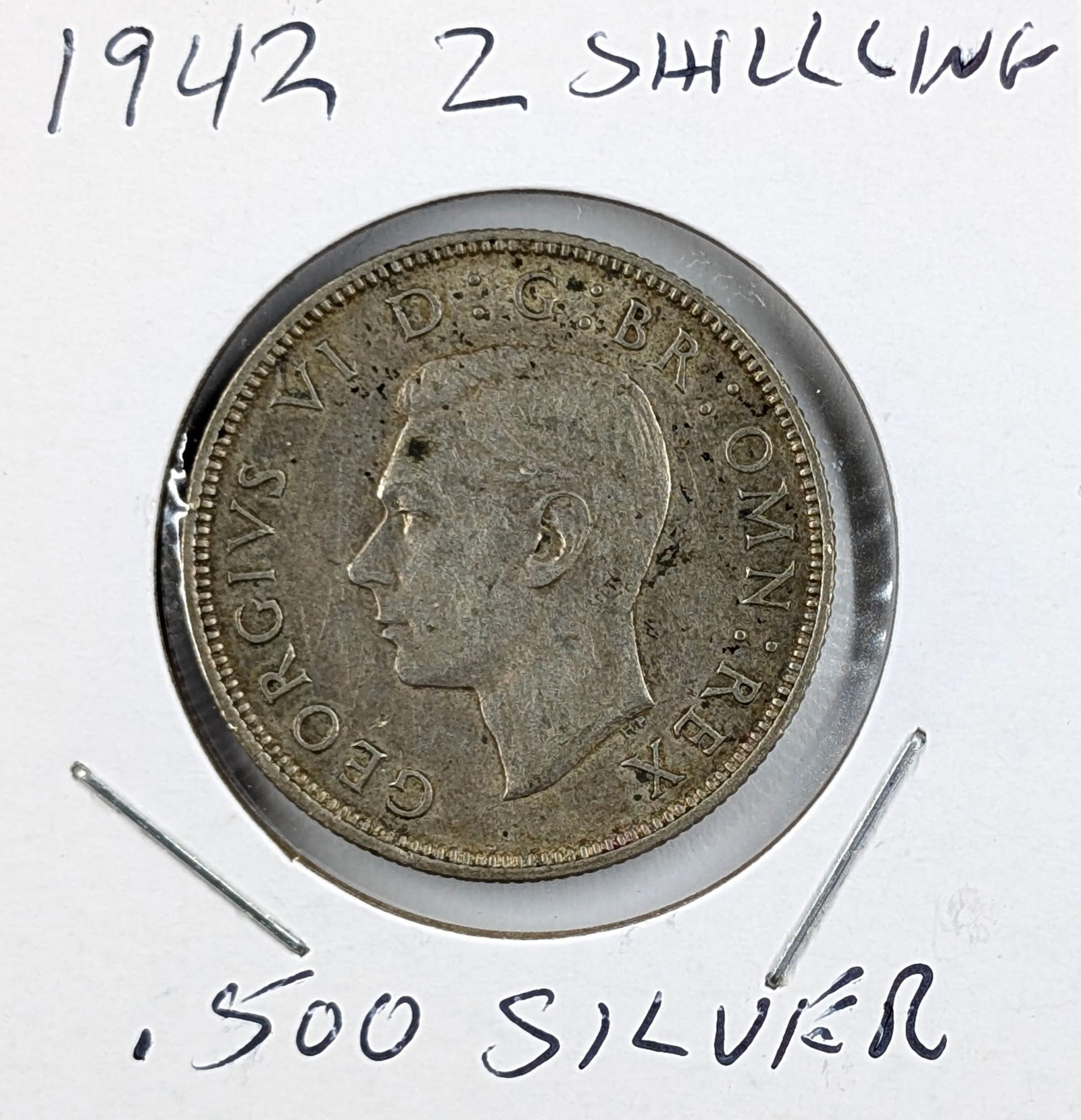 1942 Silver Great Britain 2 Shilling: 50% Silver