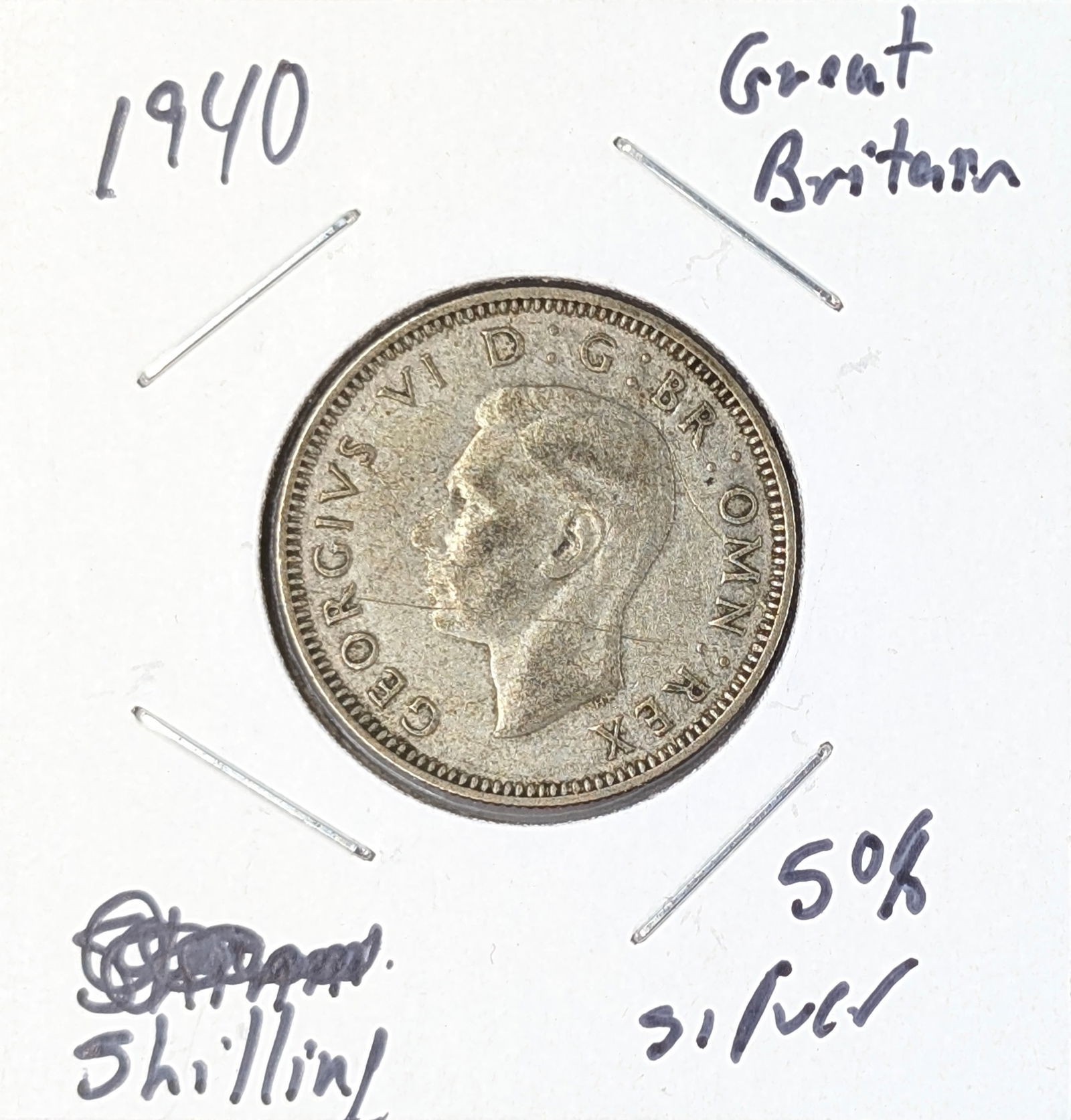 1940 Silver Great Britain 1 Shilling: 50% Silver 