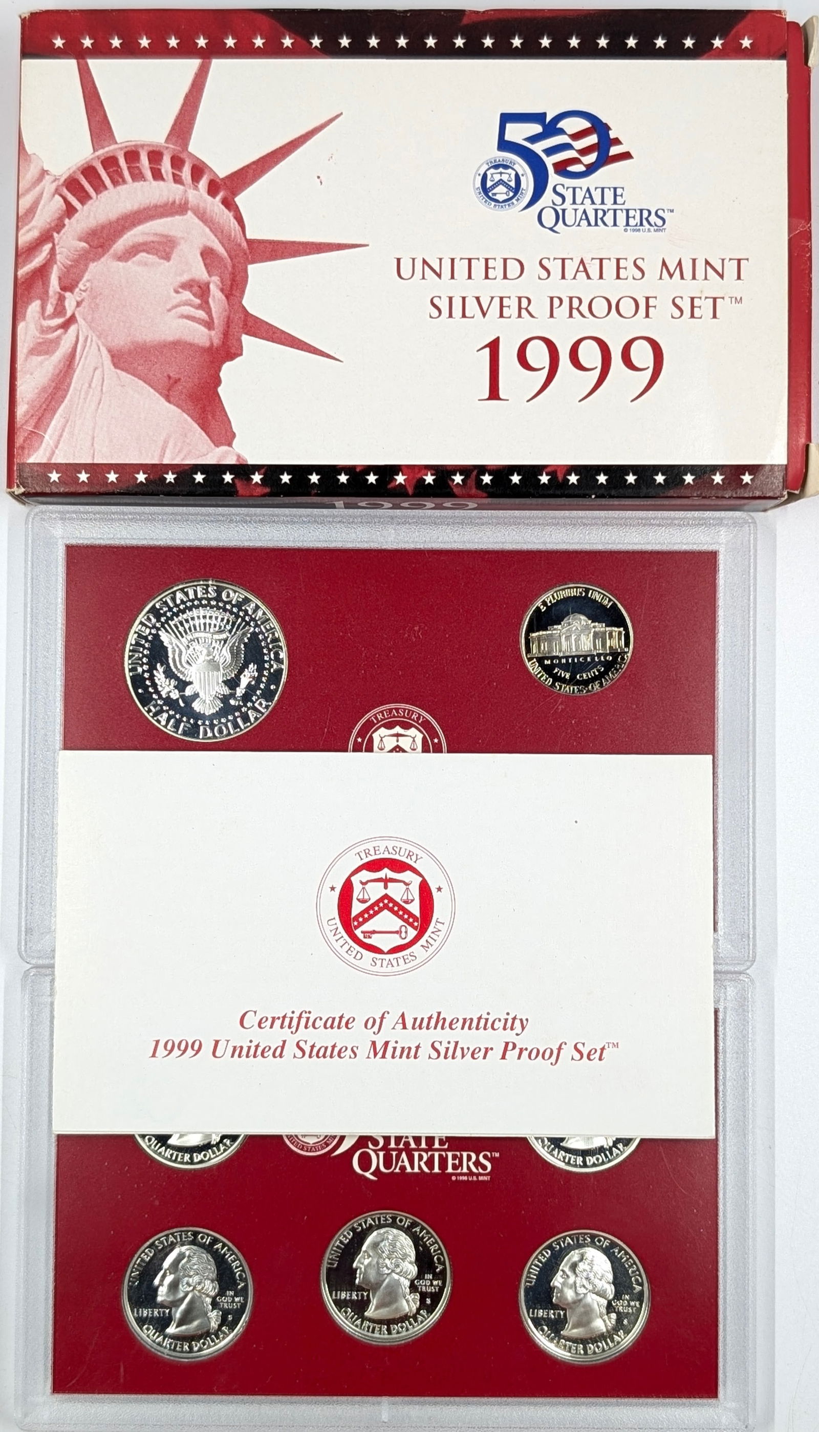 1999 Silver US Mint Proof Set w/ Silver Half, Quarter & Dime w/ COA - 3