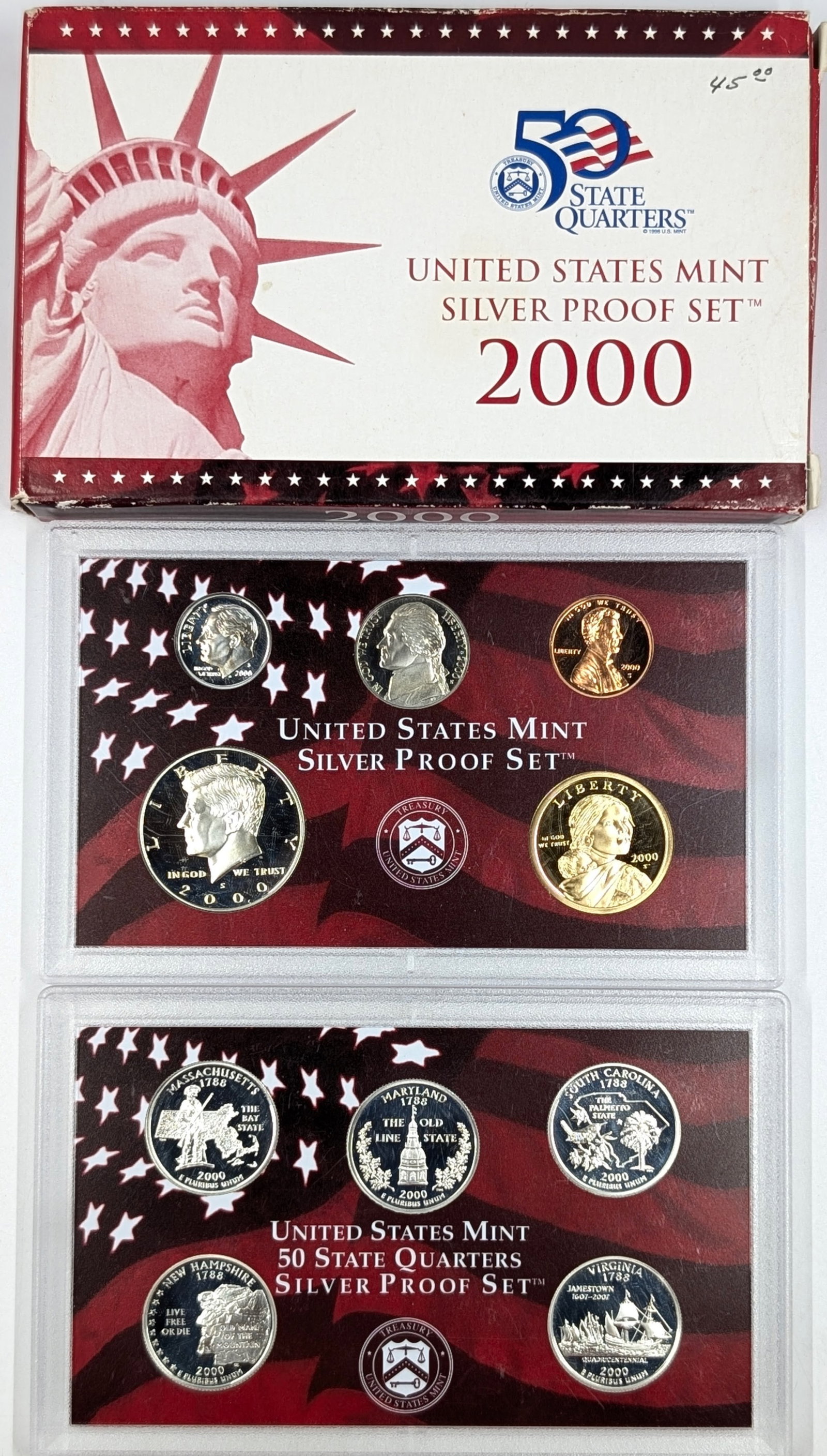 2000 Silver US Mint Proof Set w/ Silver Half, Quarter & Dime w/ COA: Silver