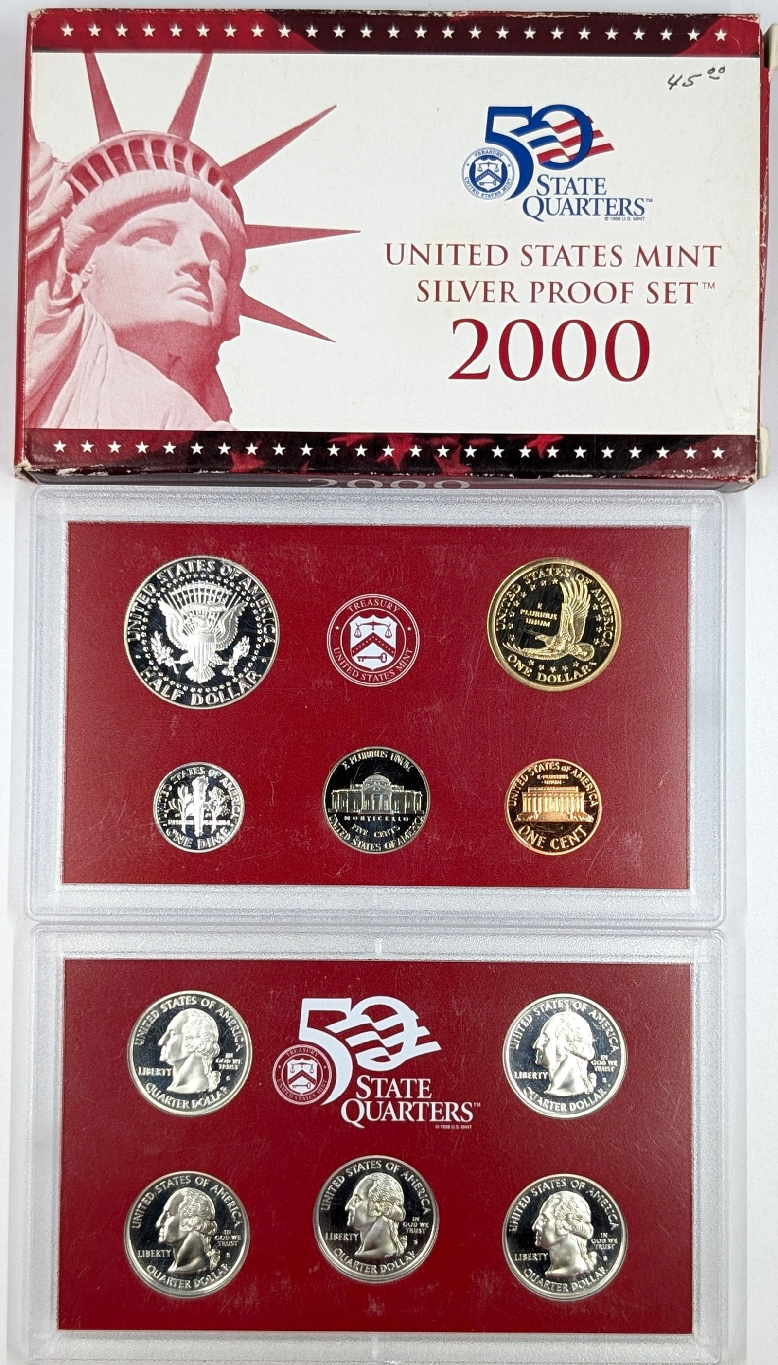 2000 Silver US Mint Proof Set w/ Silver Half, Quarter & Dime w/ COA - 2