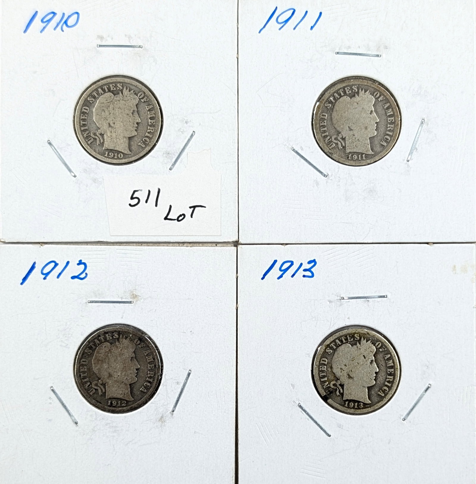 Lot of 4 Silver Barber Dimes - 1910-1913 (1 of 2)