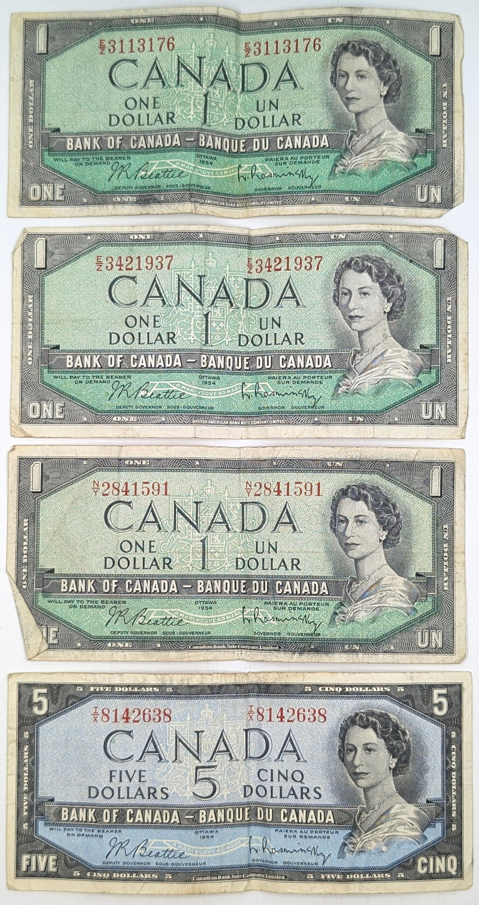 Lot of 4 - 1954 Canada Notes - $1(3), $5 (1 of 2)