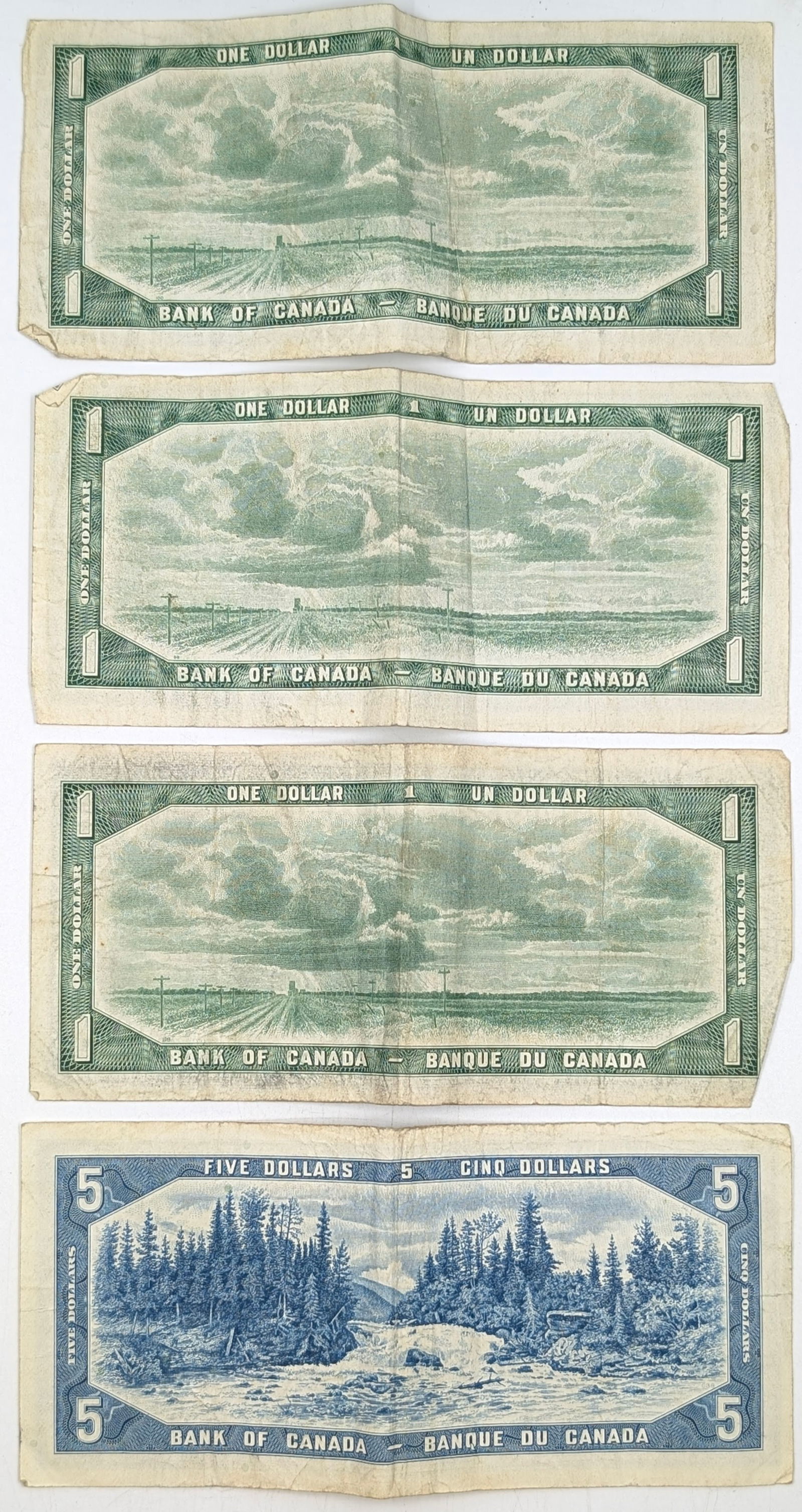 Lot of 4 - 1954 Canada Notes - $1(3), $5 - 2