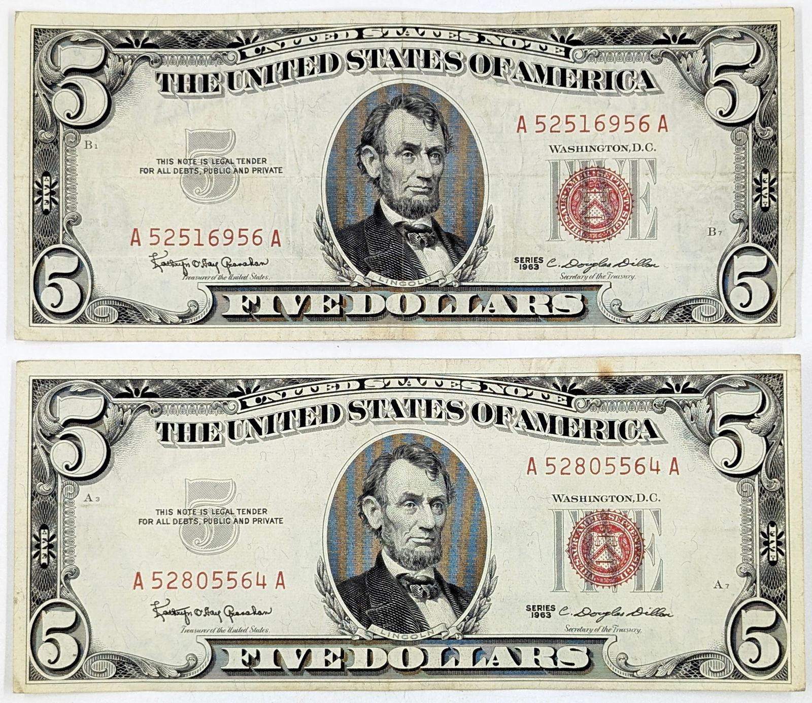 Lot of 2 - 1963 $5 Notes - Red Seals (1 of 2)
