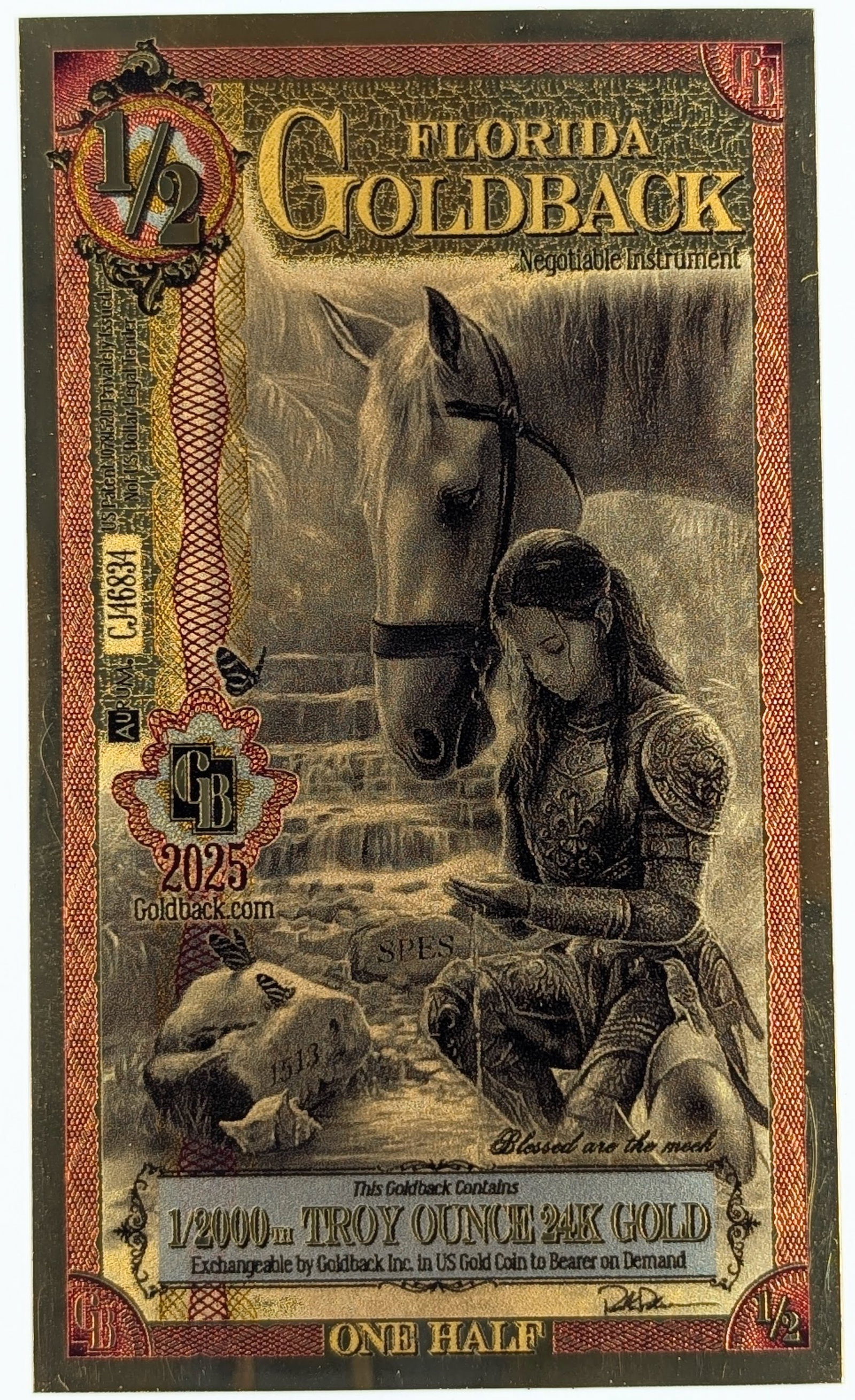 2025 1/2 Florida Goldback 1/2000th Troy Ounce 24K Gold: Goldback