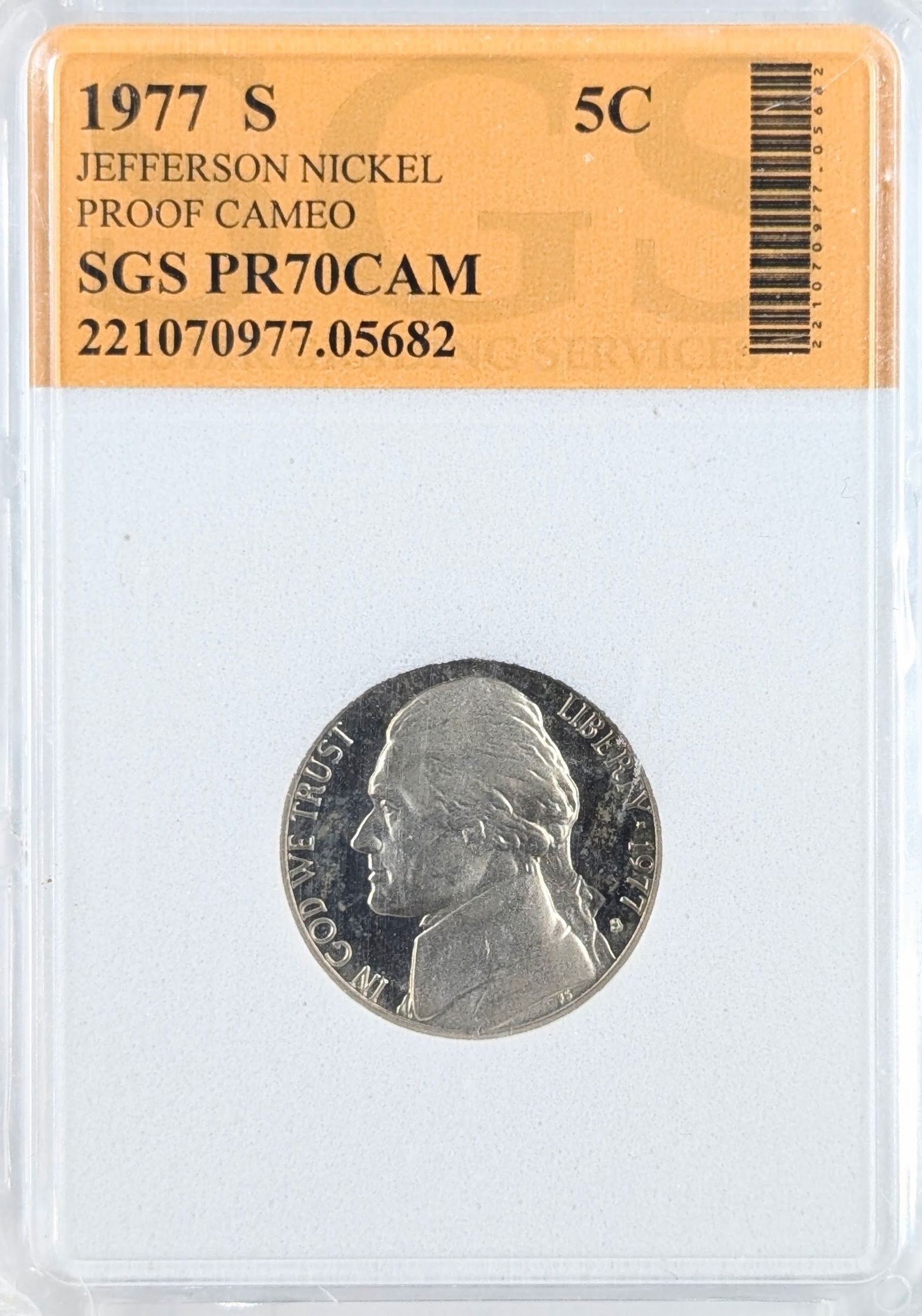 SGS 1977-S PR70 CAM Jefferson Nickel: Coin 