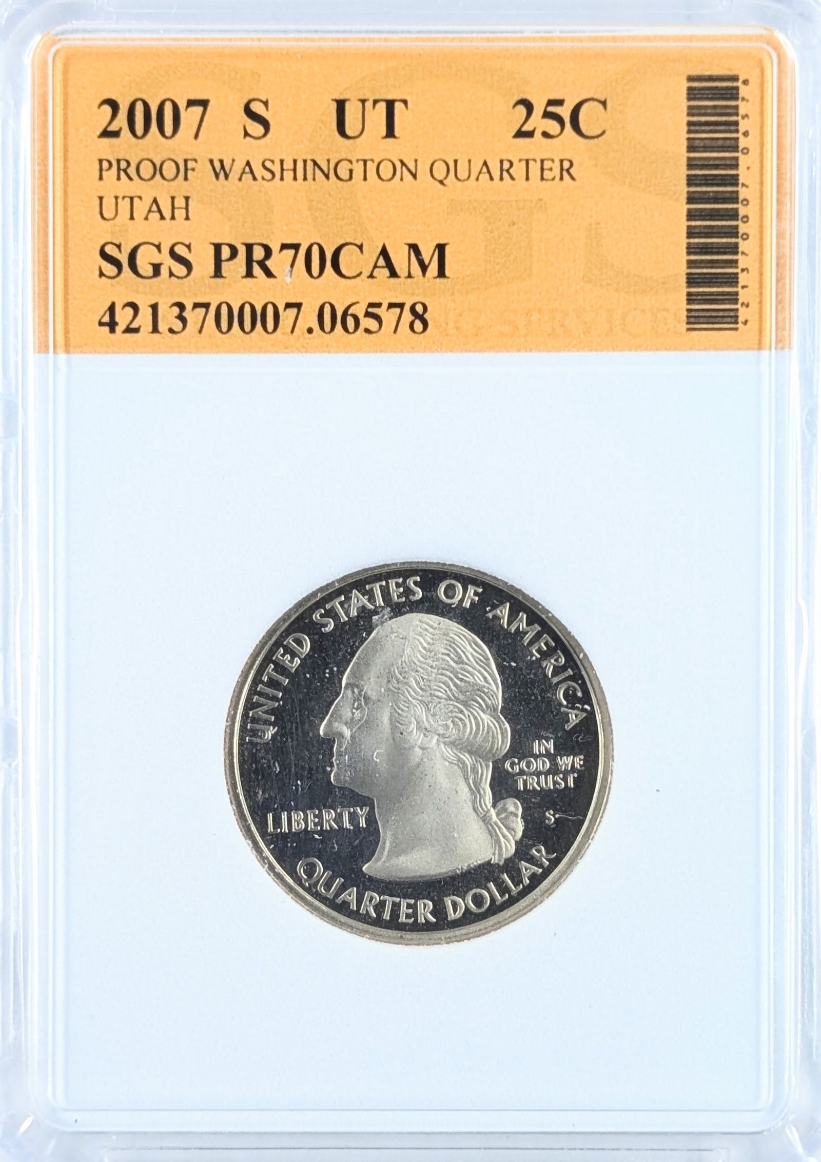 SGS 2007-S PR70 CAM Utah State Quarter: Coin 