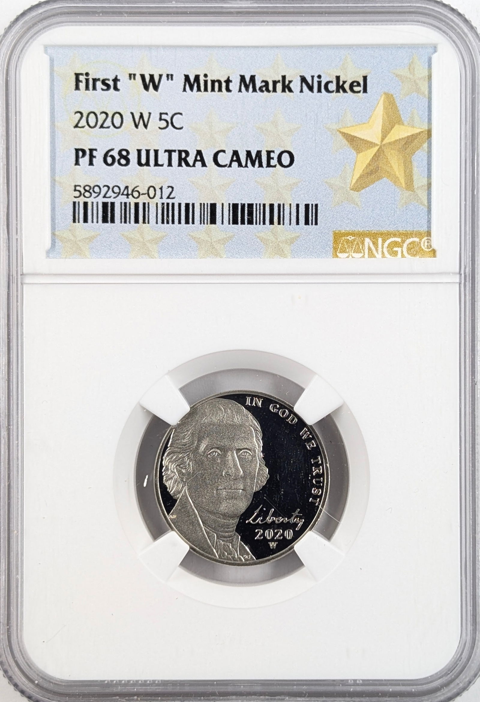 NGC 2020-W PF68 Ultra Cameo Jefferson Nickel - First 'W' Mint Mark Nickel: Coin 
