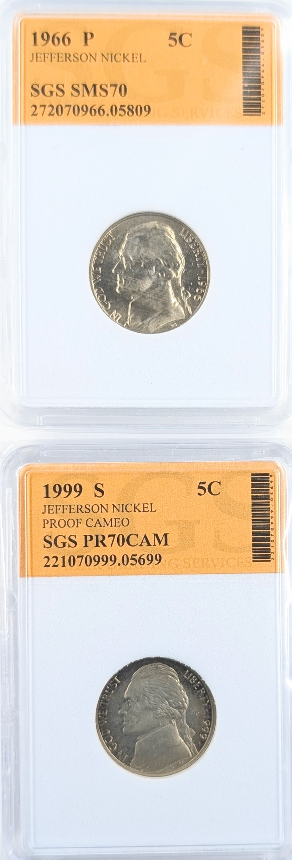 Lot of 2 SGS Jefferson Nickels - 1966-P MS70 & 1999-S PR70 CAM: Coin 