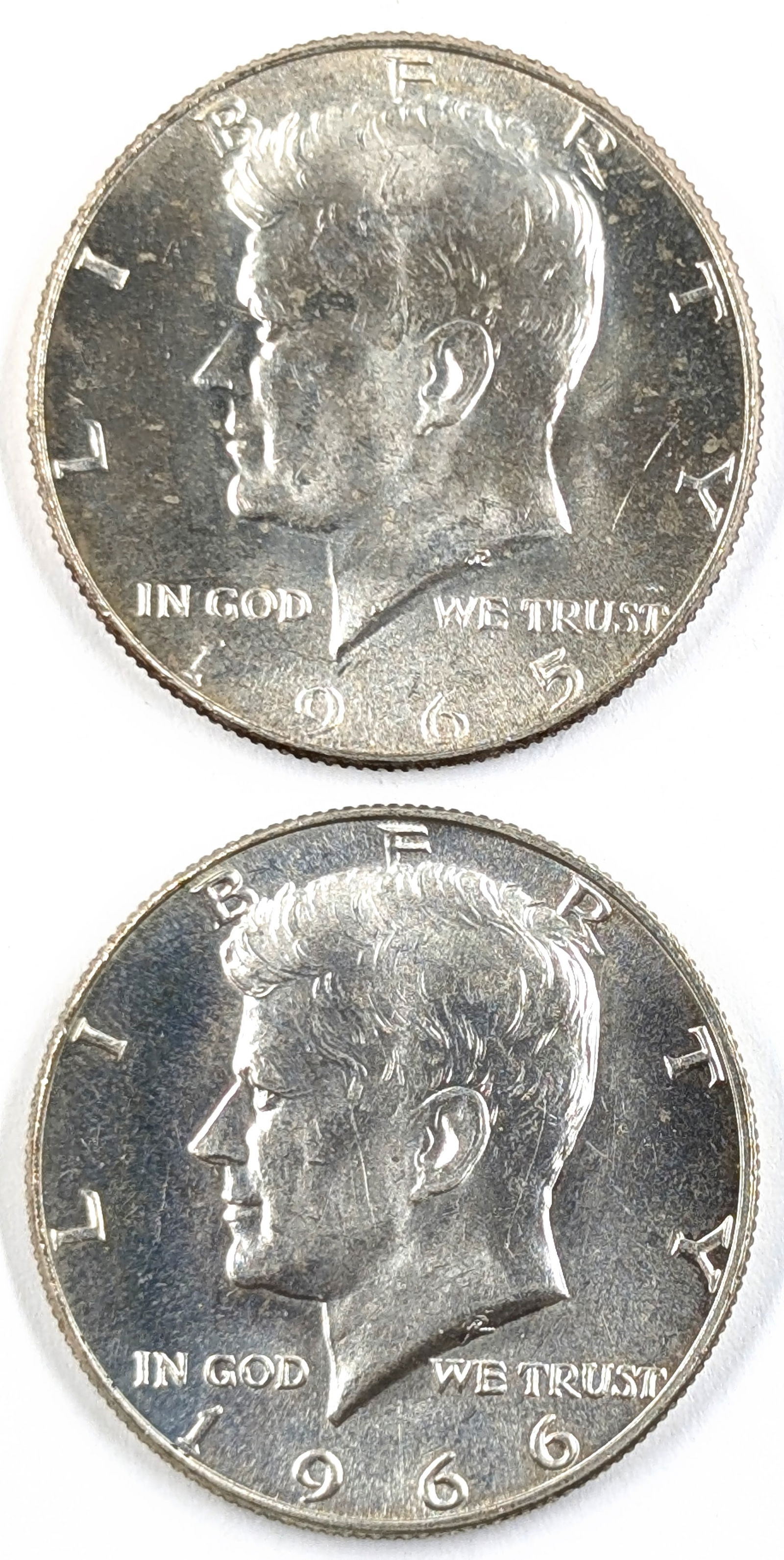 Lot of 2 Silver John F Kennedy Half Dollars - 1965, 1966 - Uncirculated (1 of 2)