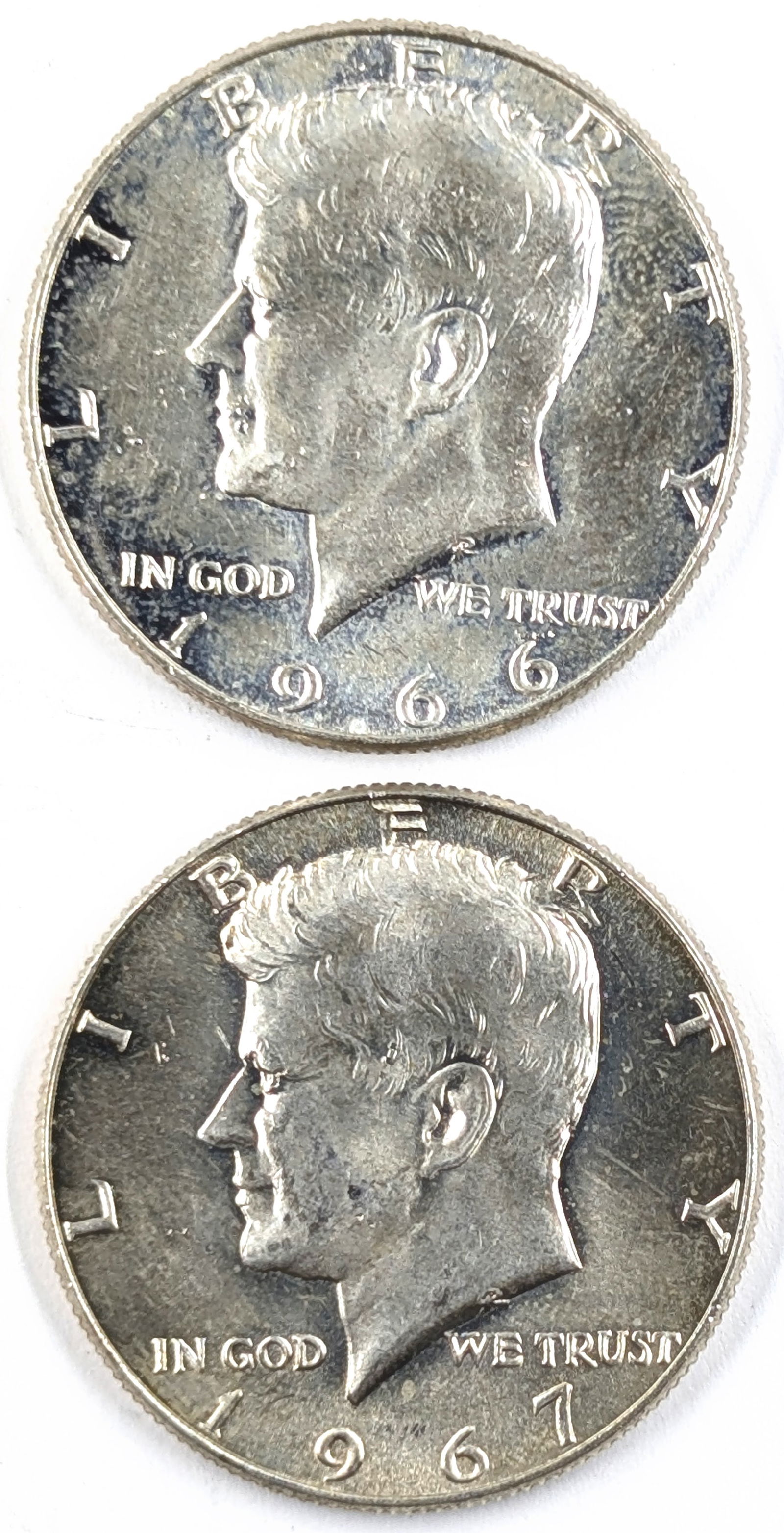 Lot of 2 Silver John F Kennedy Half Dollars - 1966, 1967 - Uncirculated (1 of 2)