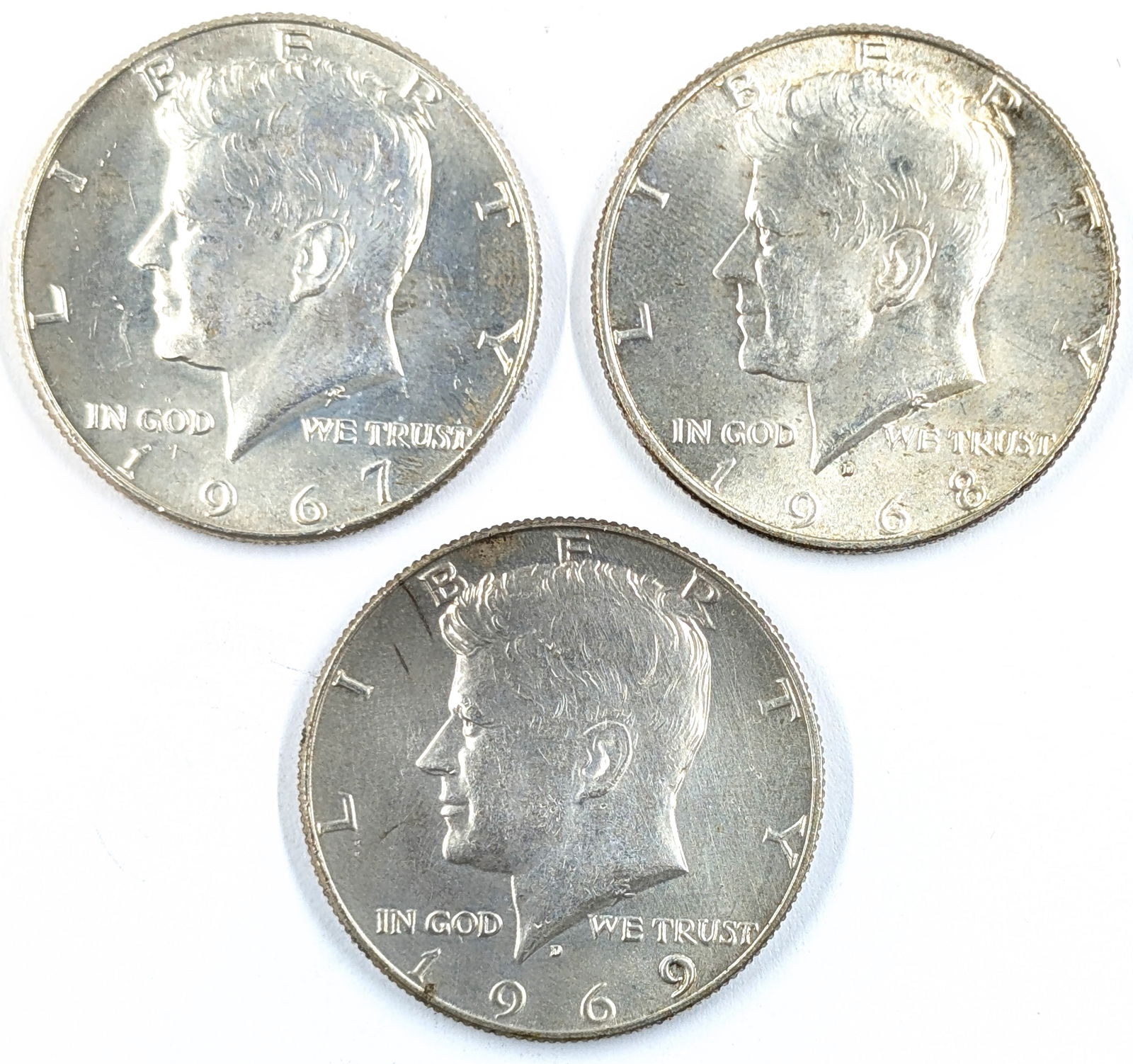 Lot of 3 Silver John F Kennedy Half Dollars - 1967, 1968-D, 1969-D - Uncirculated (1 of 2)