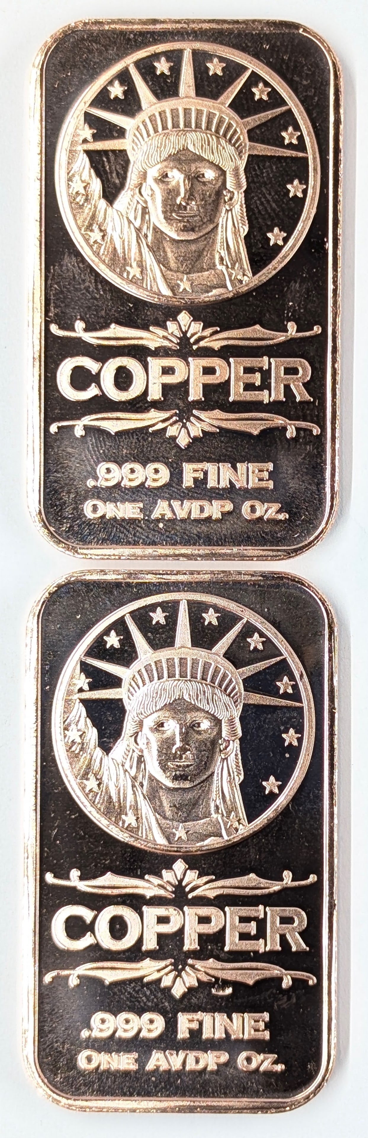 Lot of 2 - 1 Ounce (each) Fine .999 Copper Bars - Lady Liberty (1 of 2)