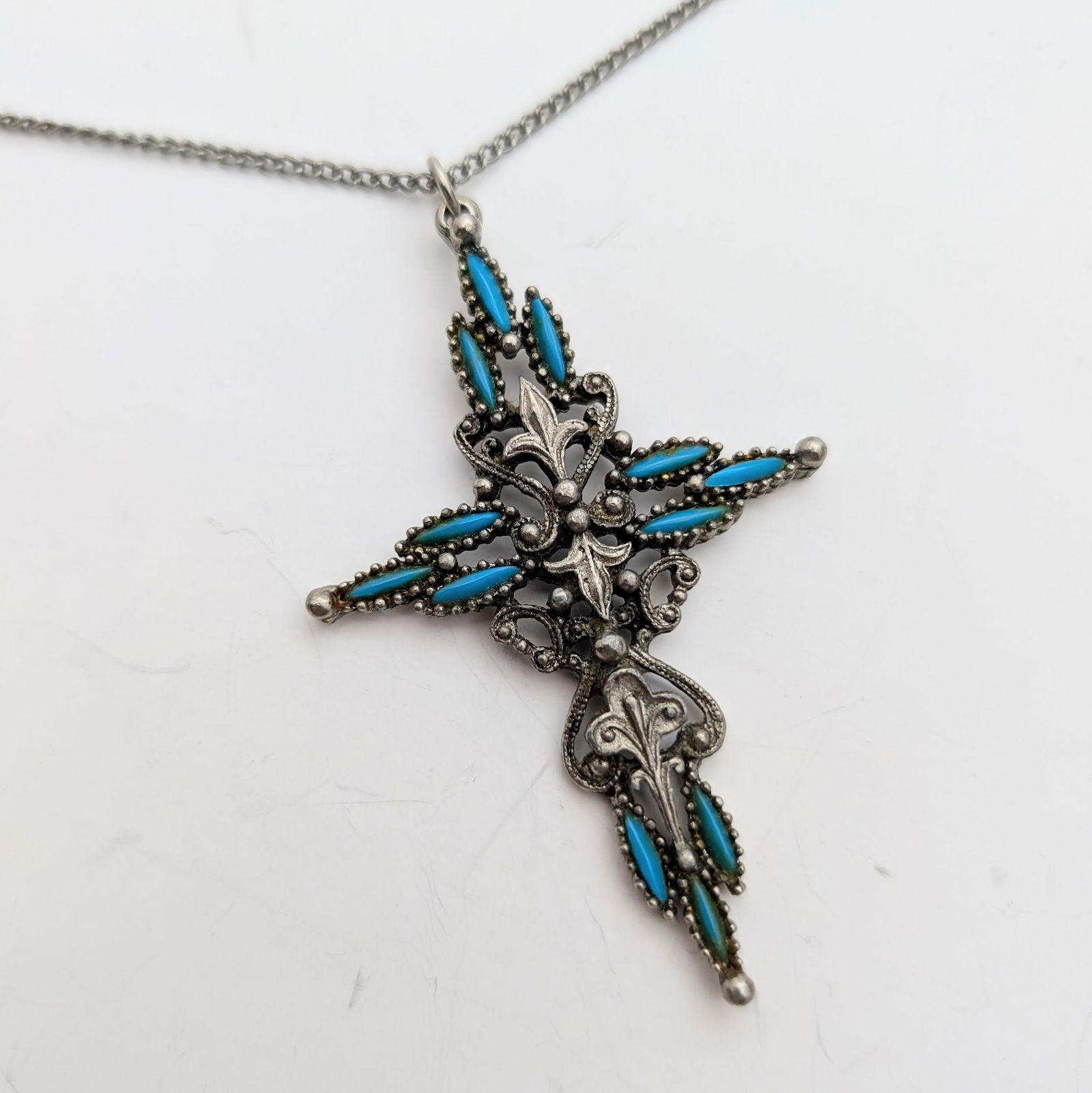 Vintage Sterling Silver Filigree Teal Cross Ladies Necklace Stamped Roma - 2