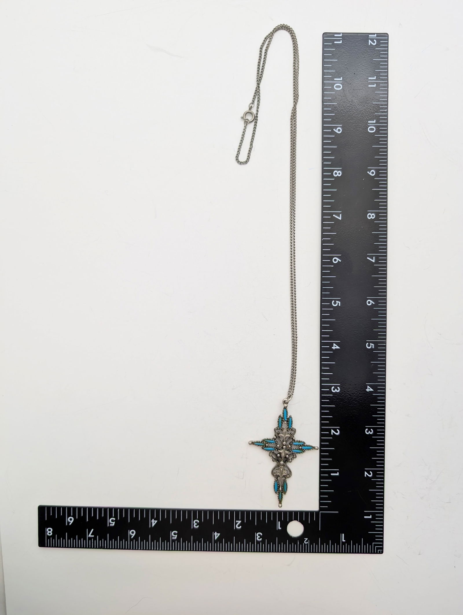 Vintage Sterling Silver Filigree Teal Cross Ladies Necklace Stamped Roma - 5