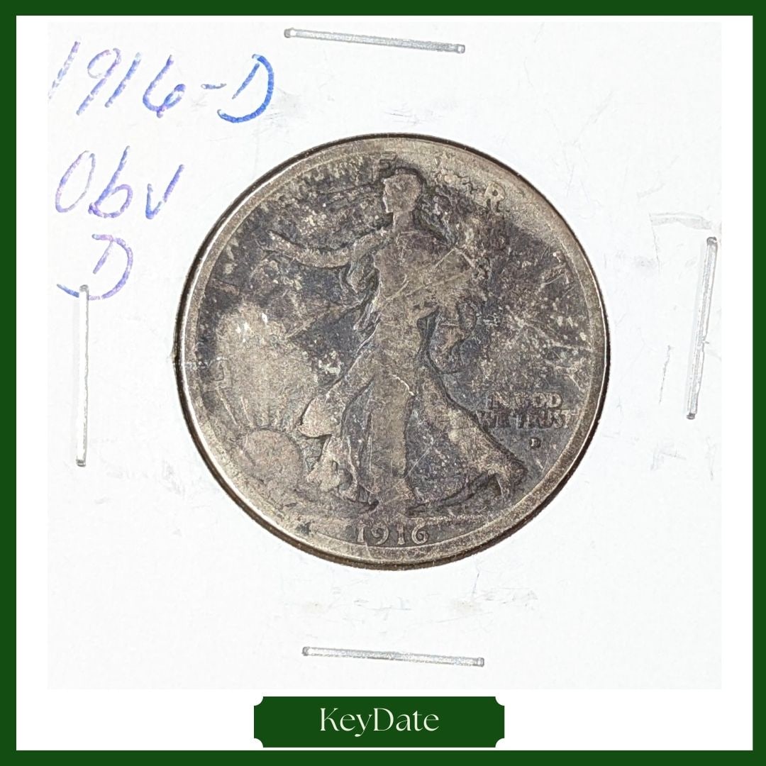 FEATURE 1916-D Silver Walking Liberty Half Dollar - KEY DATE, Obverse 'D': FEATURE Silver 
