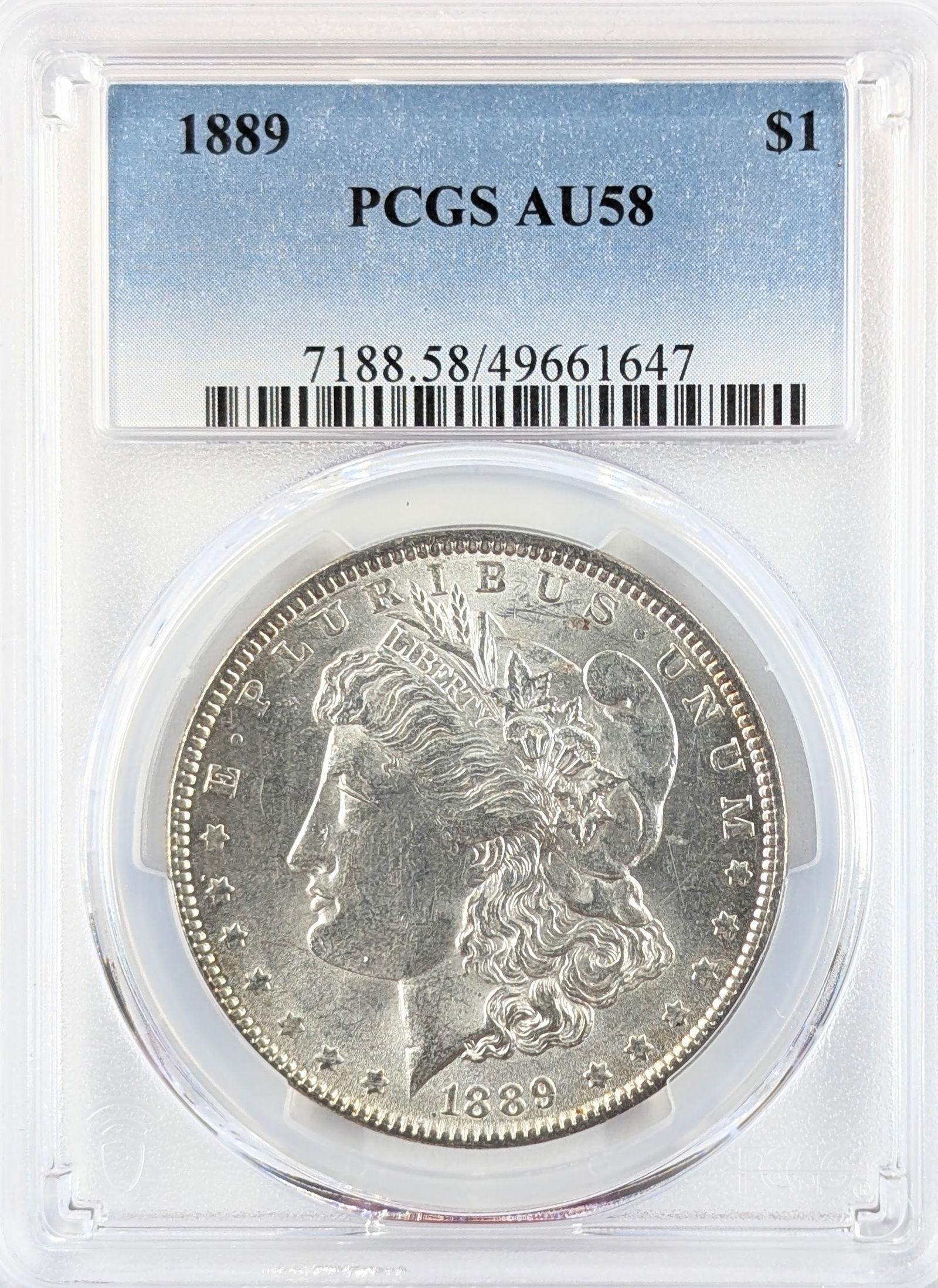 PCGS 1889 AU58 Morgan Silver Dollar: Silver 
