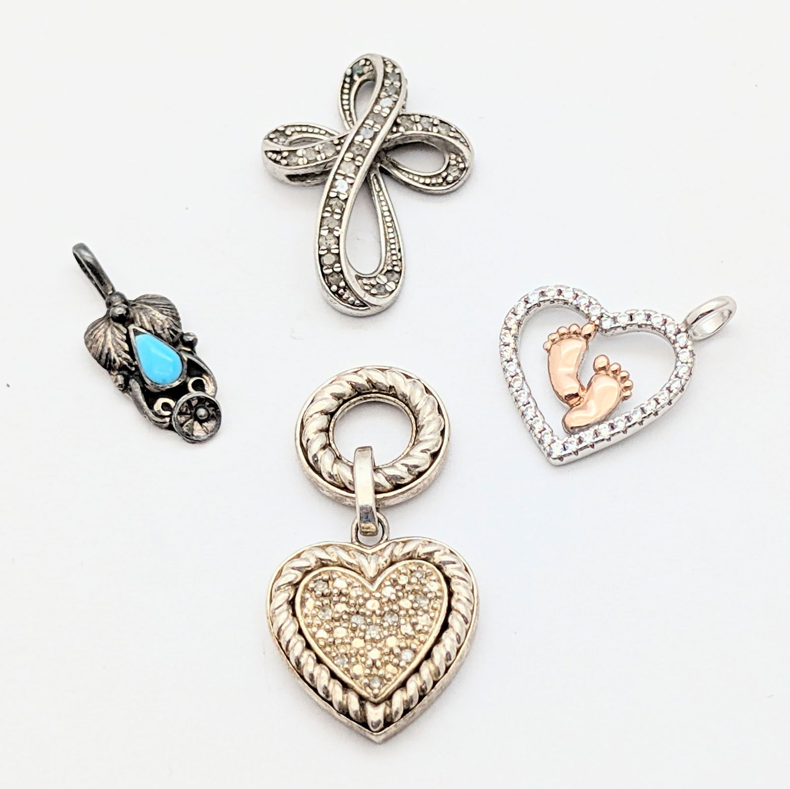 Lot of 4 Sterling Silver Pendants - Hearts, Cross, etc: Jewelry 