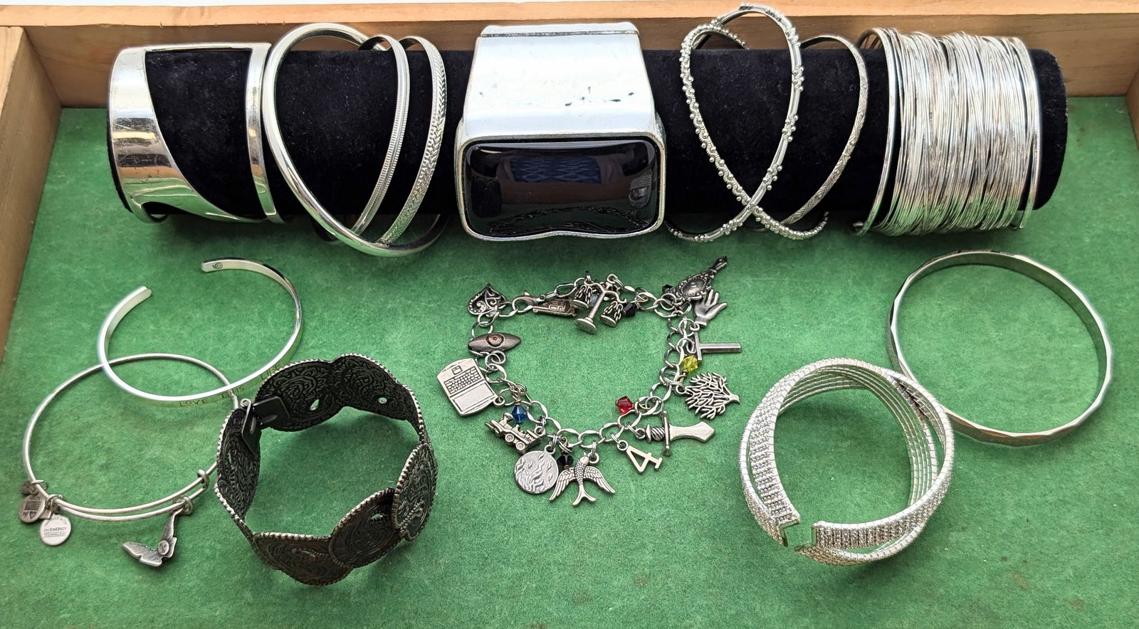 Large Lot of Silver Toned Ladies Bracelets- Bangles, Charm, Cuffs, ect - 2