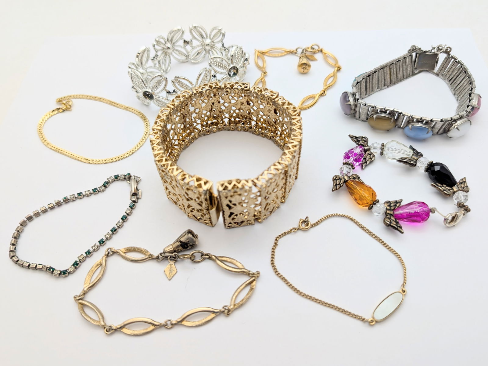 Large Lot of Ladies Bracelets- Cuff, Floral, Rhinestones, ect - 2