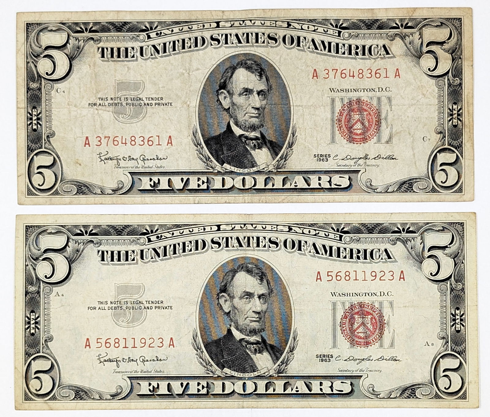 Lot of 2 - 1963 $5 Notes - Red Seals: Currency 
