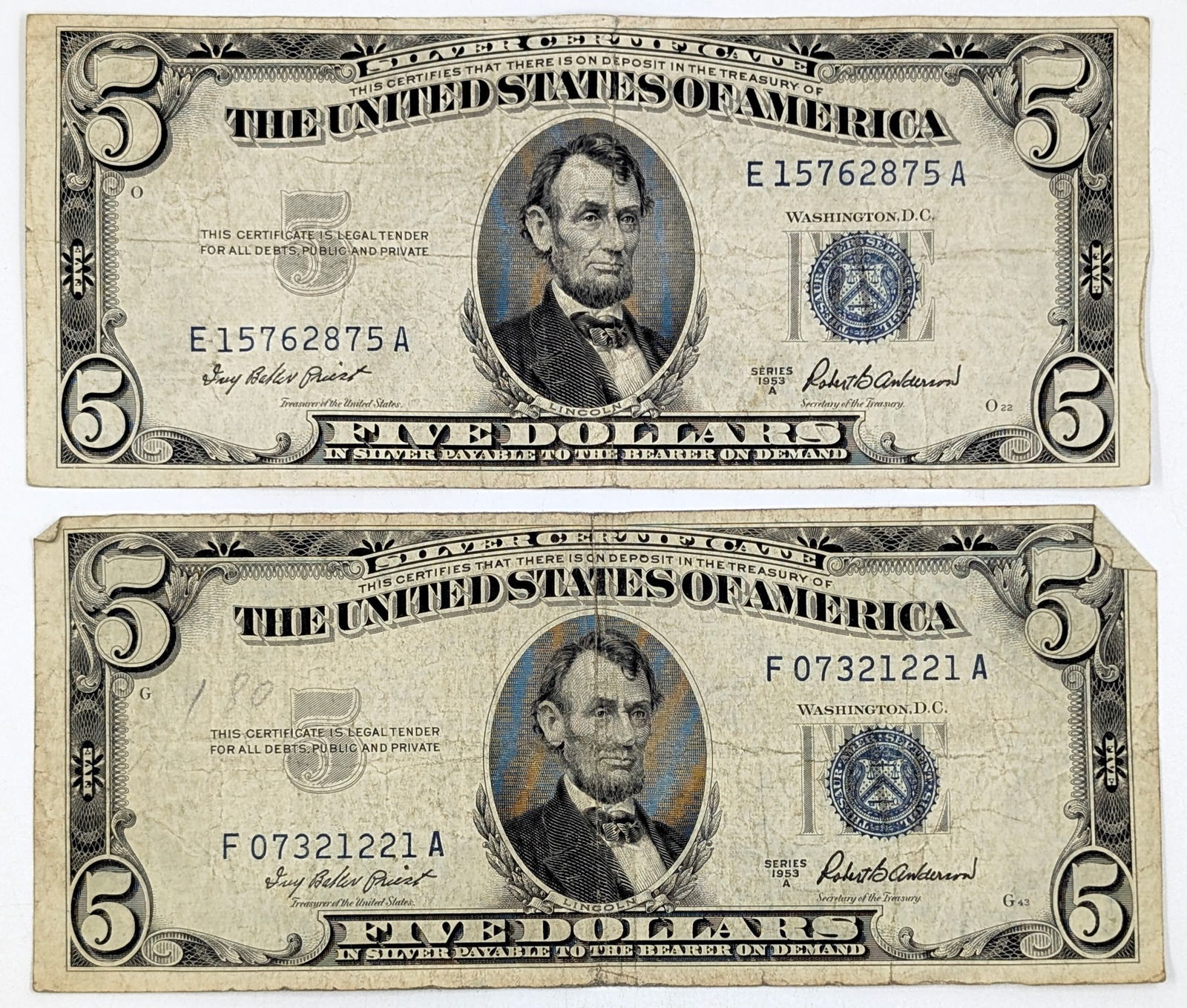 Lot of 2 - 1953-A $5 Notes - Silver Certificates: Heavily Circulated Condition 