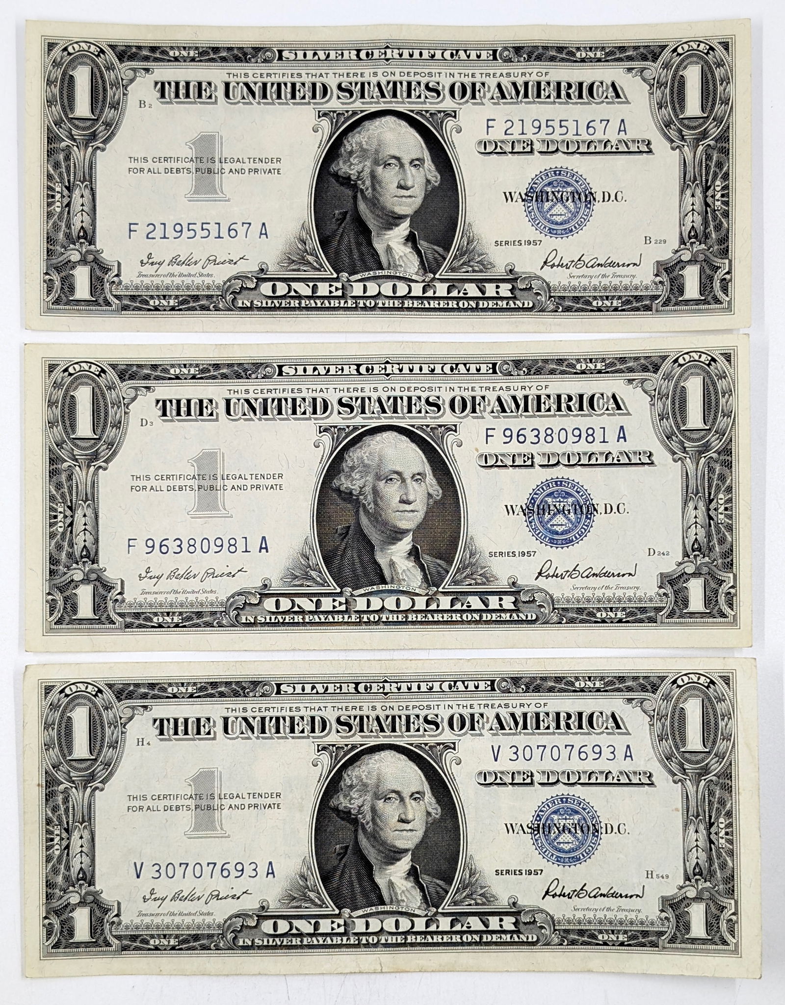 Lot of 3 - 1957 $1 Notes - Silver Certificates: Currency 