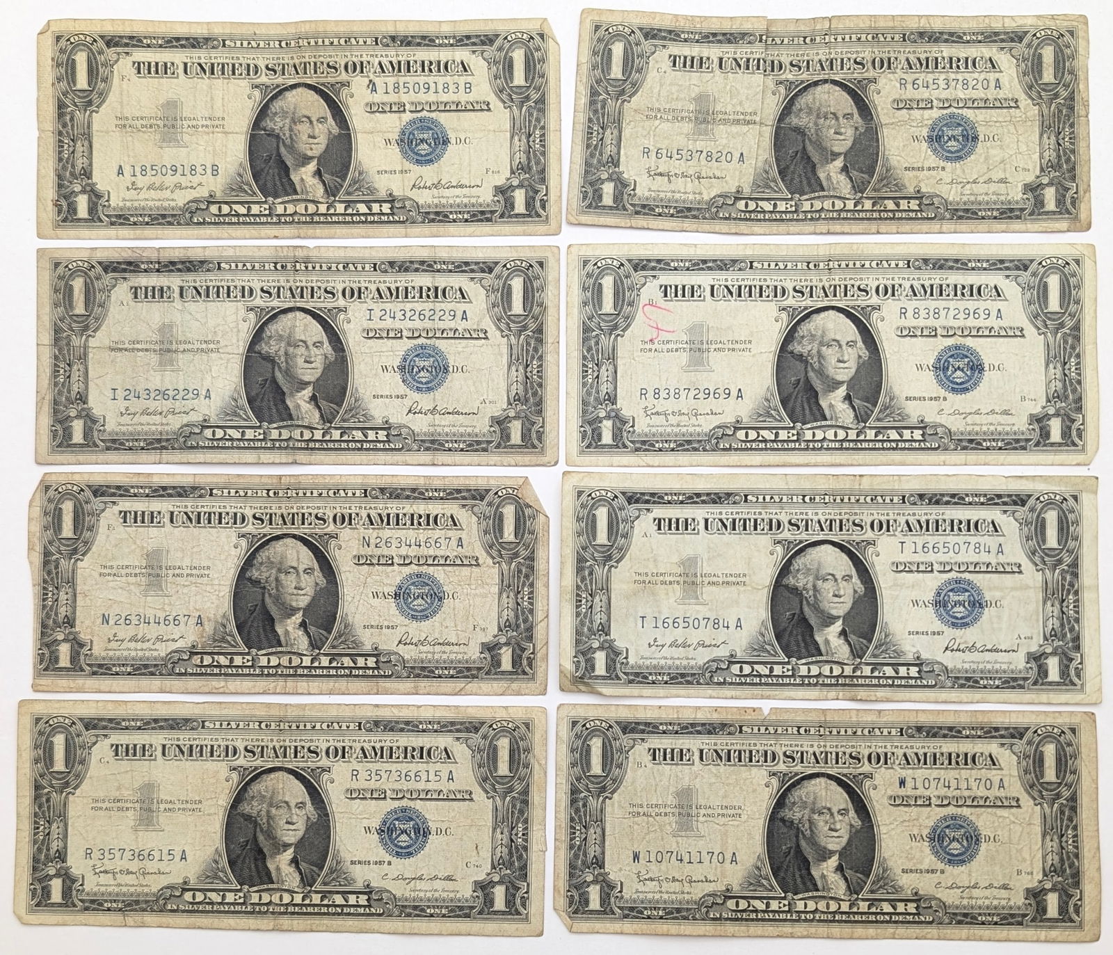 Lot of 8 - 1957/1957-B $1 Notes - Silver Certificates: Heavily Circulated Condition 