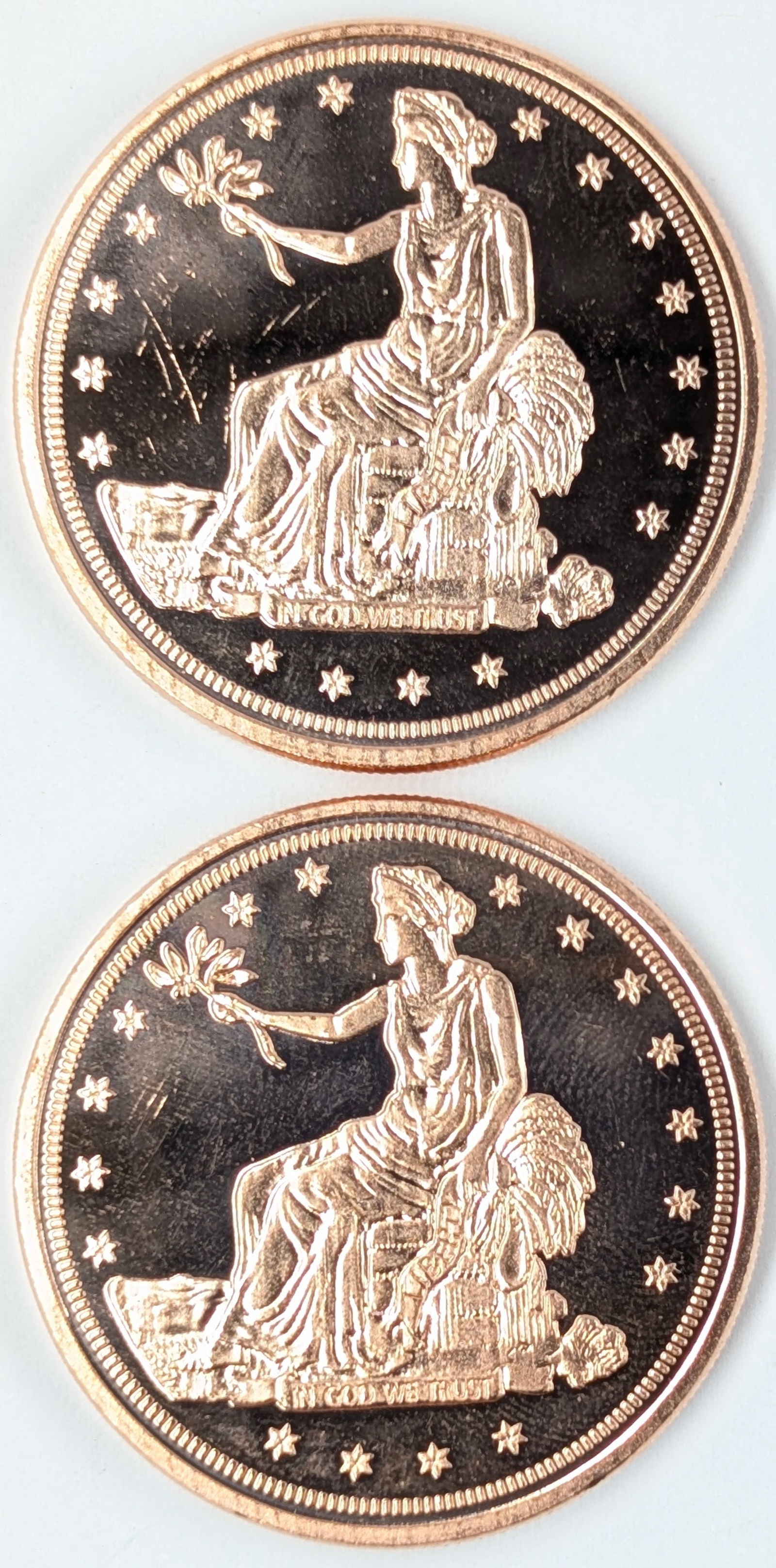 Lot of 2 - 1 Ounce (each) Fine .999 Copper Rounds - Seated Liberty: Copper