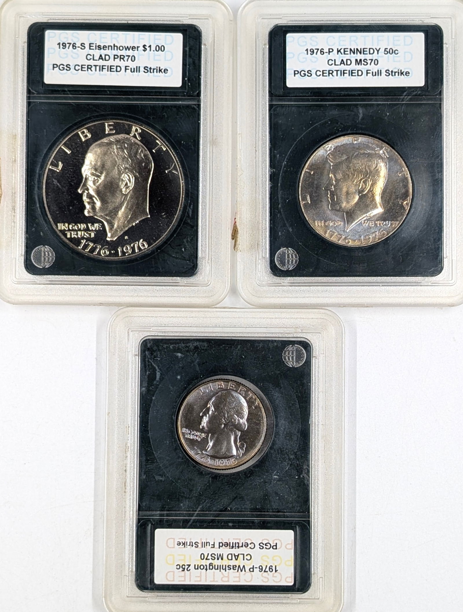 Lot of 3 PGS Slabbed Coins - PR70 Ike Dollar, MS70 JFK Half, MS70 Washington Quarter: Coin 