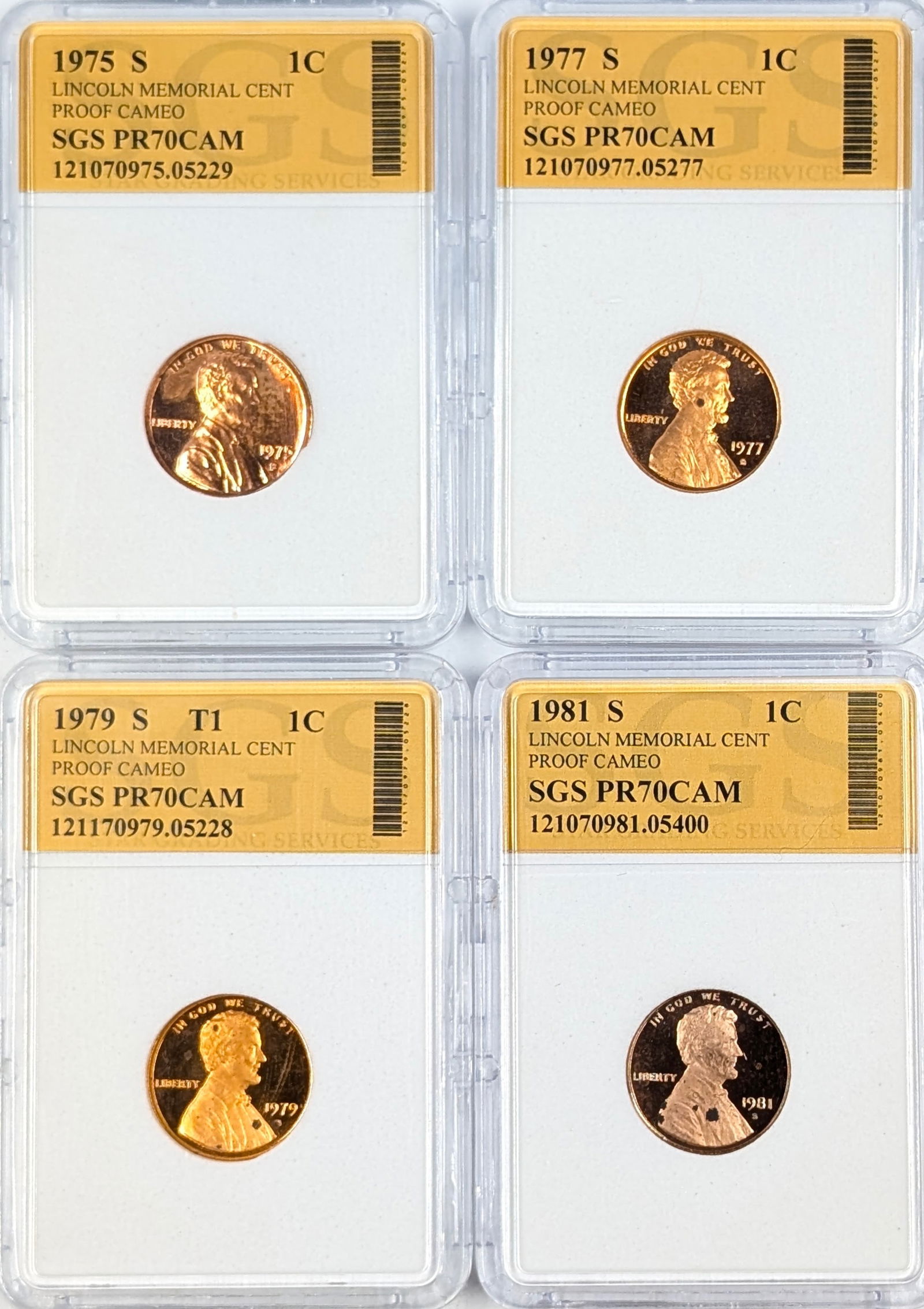 Lot of 4 Slabbed SGS PR70 Cam Lincoln Cents - 1975-S. 1977-S, 1979-S, 1981-S: Coin 
