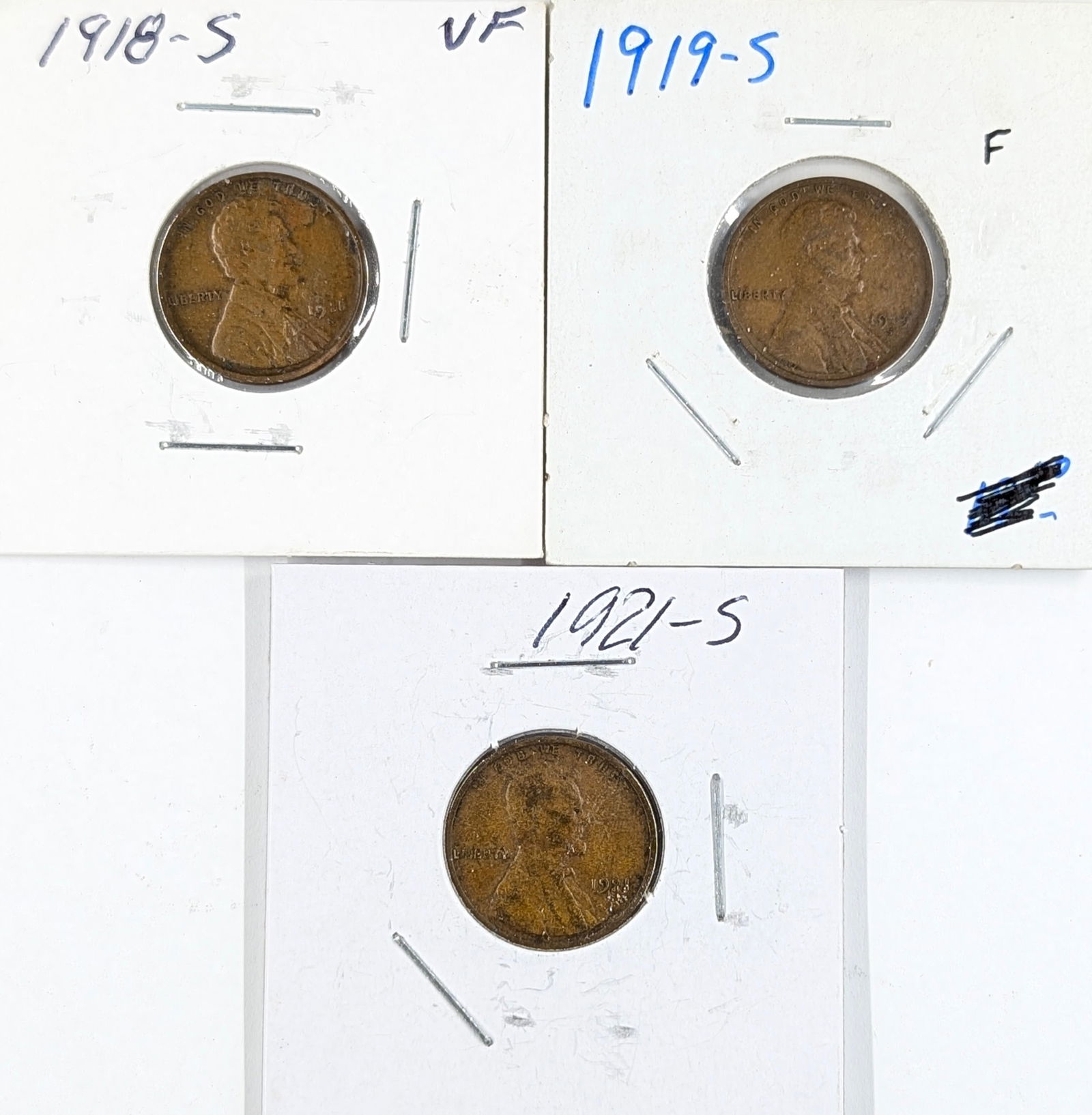 Lot of 3 Wheat Cents - 1918-S, 1919-S, 1921-S: Coin