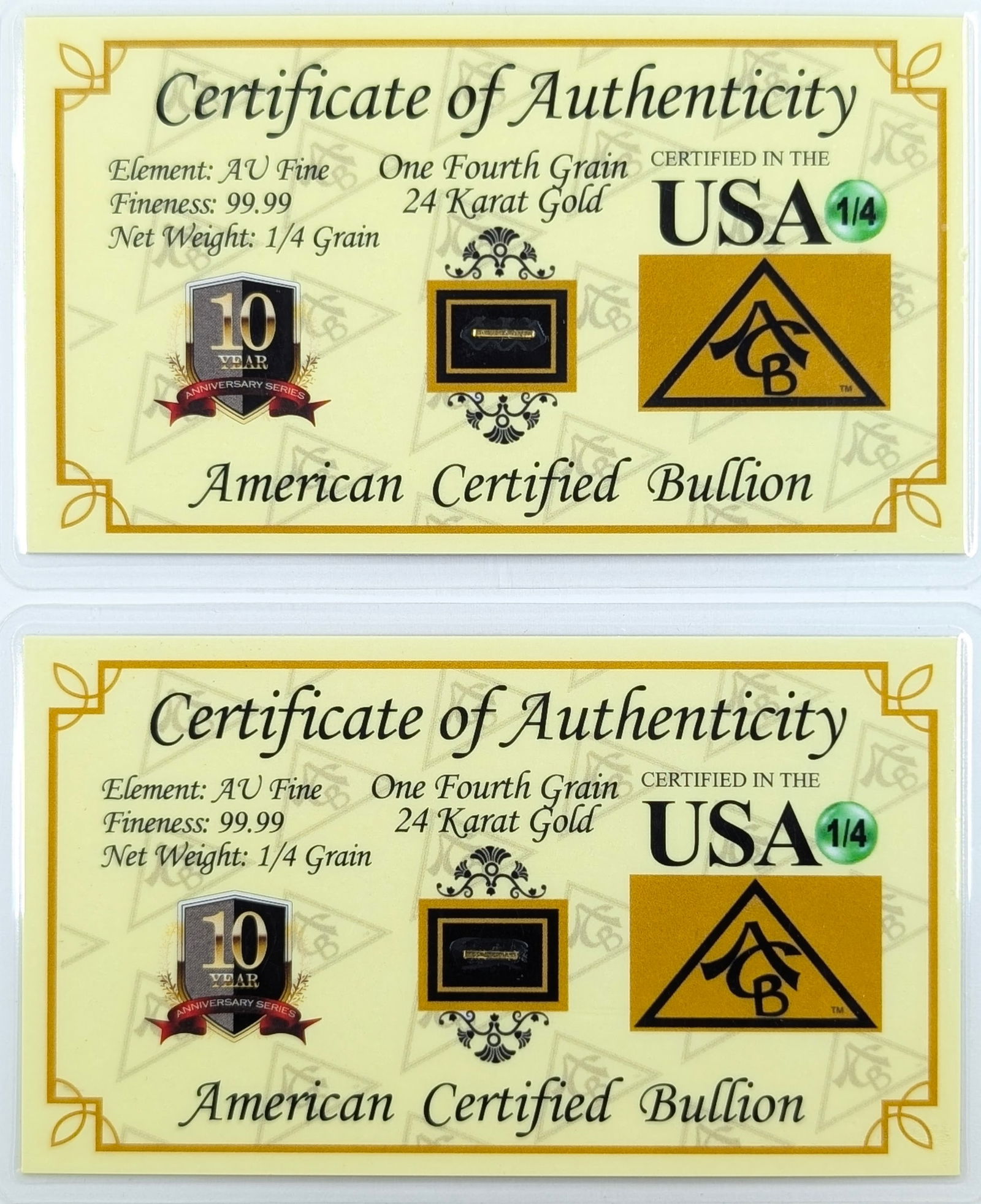 Lot of 2 - 1/4 grain (each) .999 Fine Gold - American Certified Bullion: Gold 