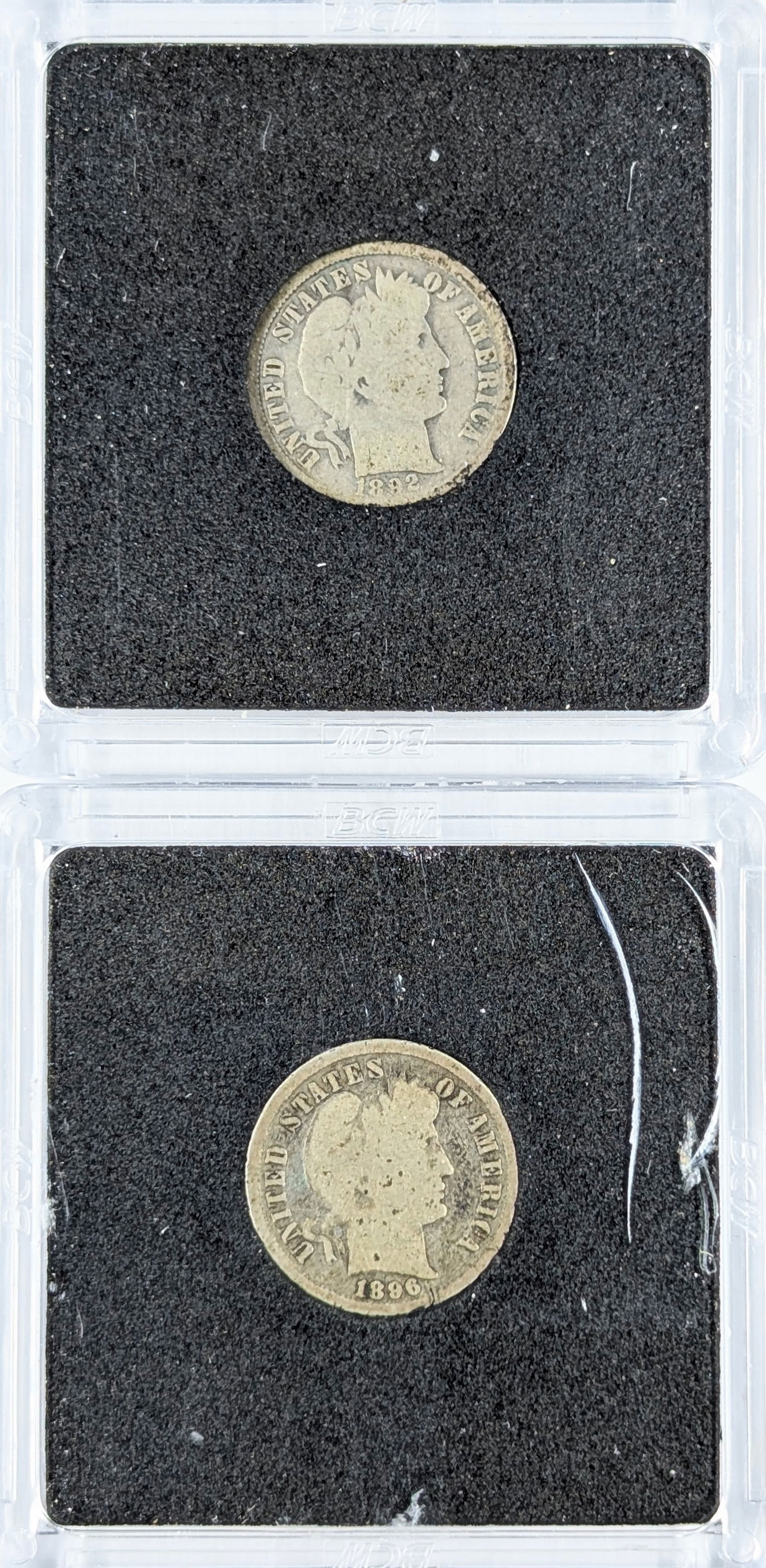 Lot of 2 Silver Barber Dimes - 1892-O, 1896: Silver 