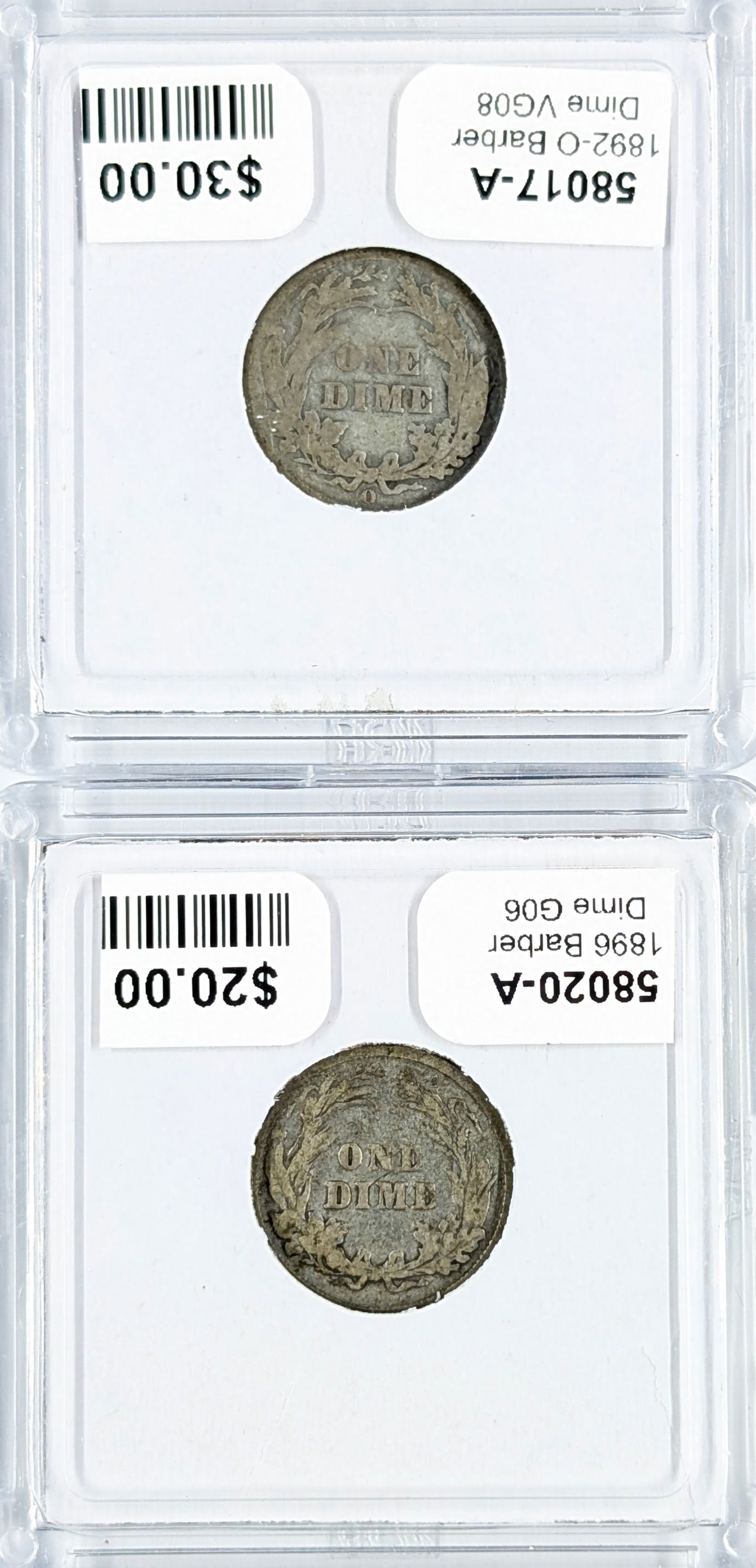 Lot of 2 Silver Barber Dimes - 1892-O, 1896 - 2